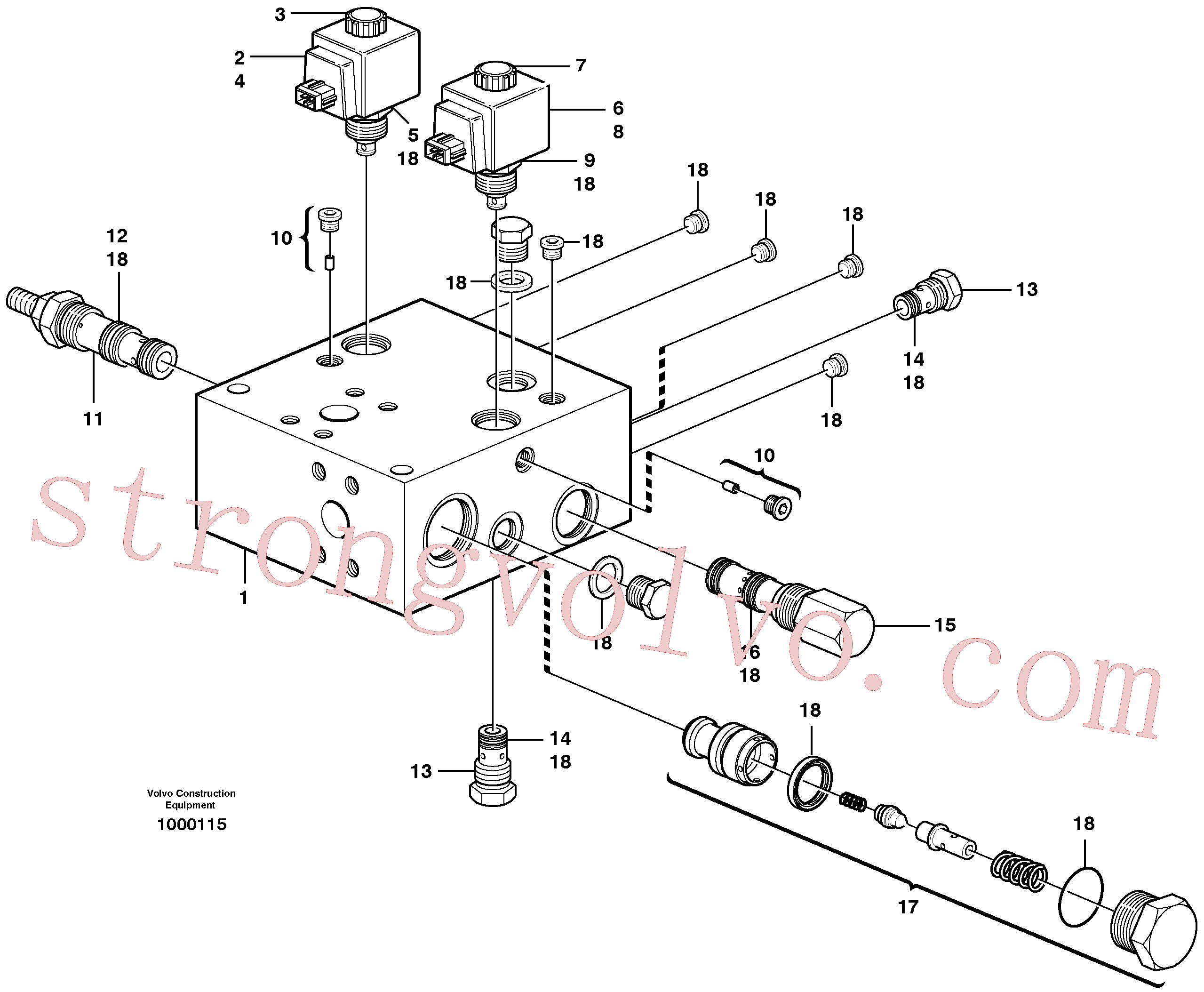 VOE11714081 Volvo Válvula de alívio., Válvula, corpo do circuito e válvula de retorno(1000115 Montagem)