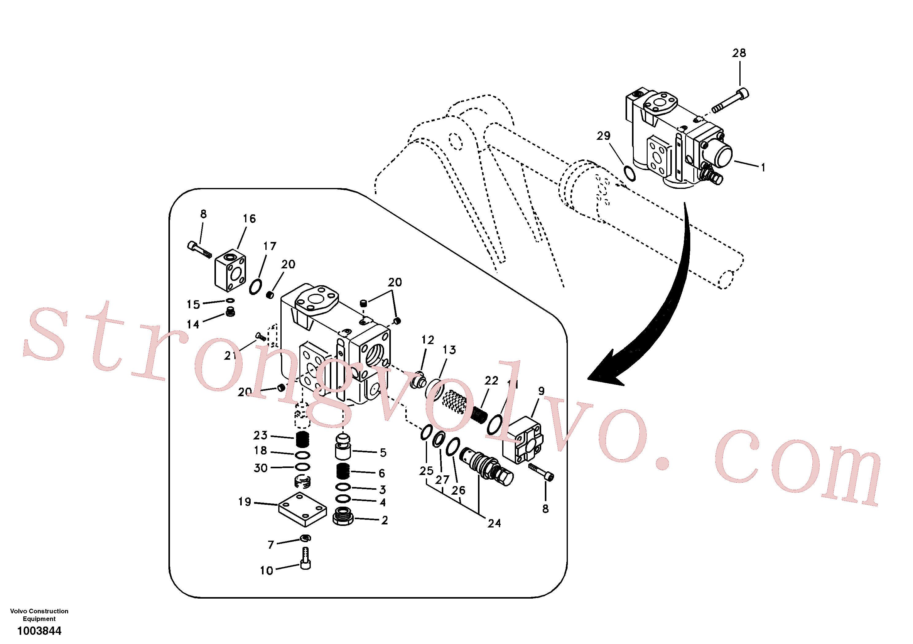VOE14510944 Volvo Hidráulico de serviço, suporte da válvula de ruptura do braço de afundamento.(1003844 Montagem)