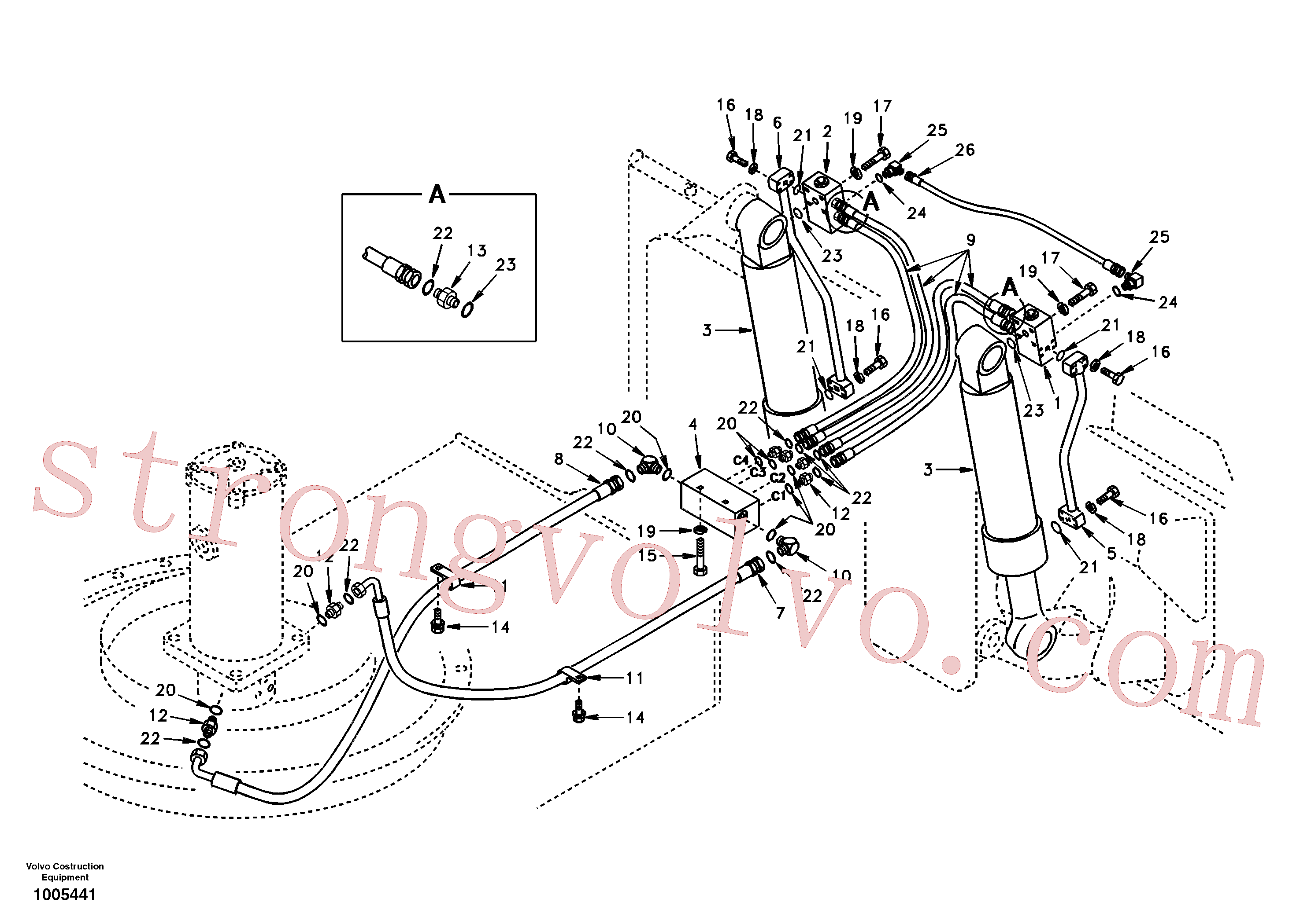 SA4142-11440 Volvo Sistema hidráulico de trabalho, lâmina niveladora traseira(1005441 Montagem)