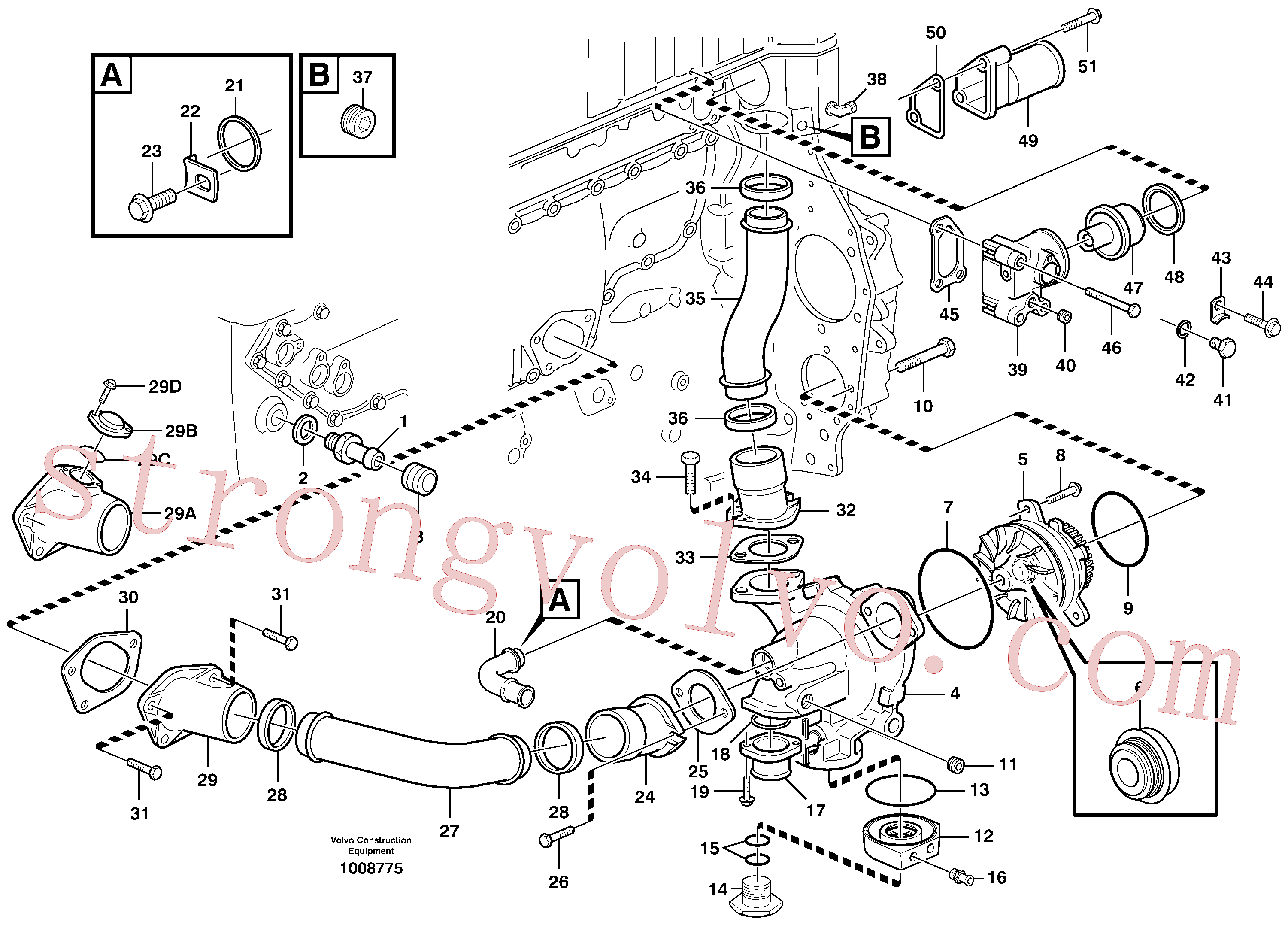 VOE947043 Volvo Alojamento do termóstato e da bomba de água(1008775 Montagem)