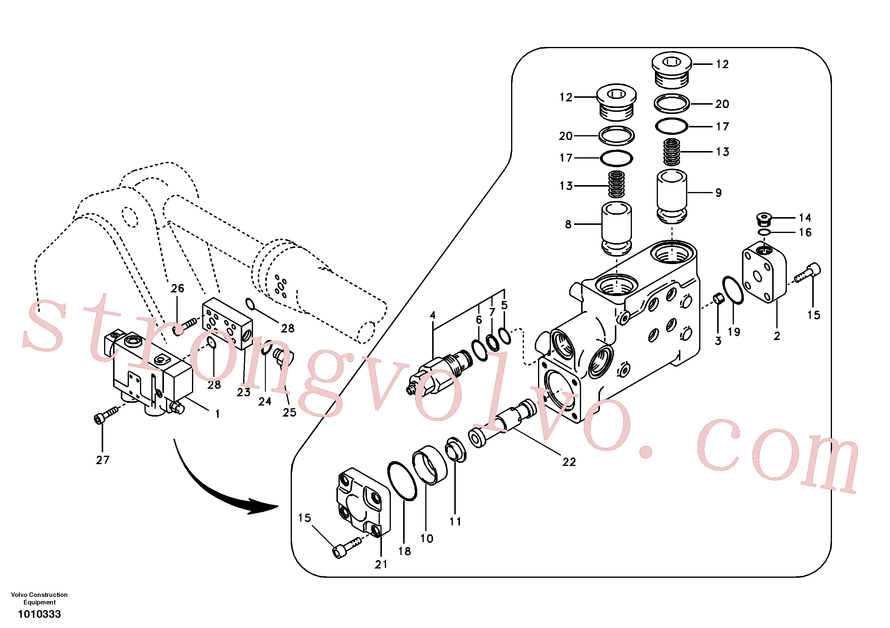 VOE14505555 Volvo Hidráulico de serviço, suporte da válvula de ruptura do braço de afundamento.(1010333 Montagem)