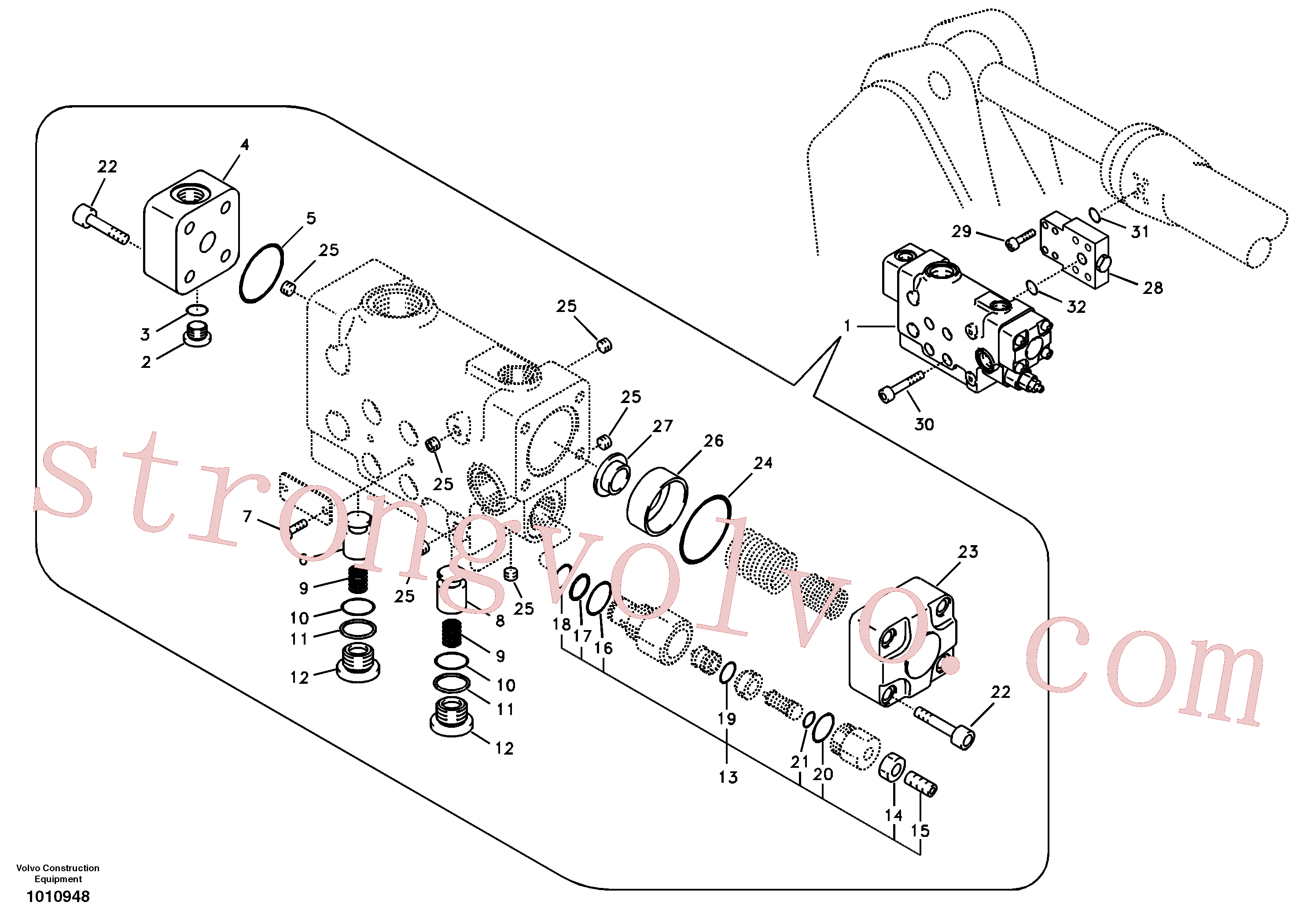 SA9016-21217 Volvo Hidráulico de serviço, suporte da válvula de ruptura do braço de afundamento.(1010948 Montagem)