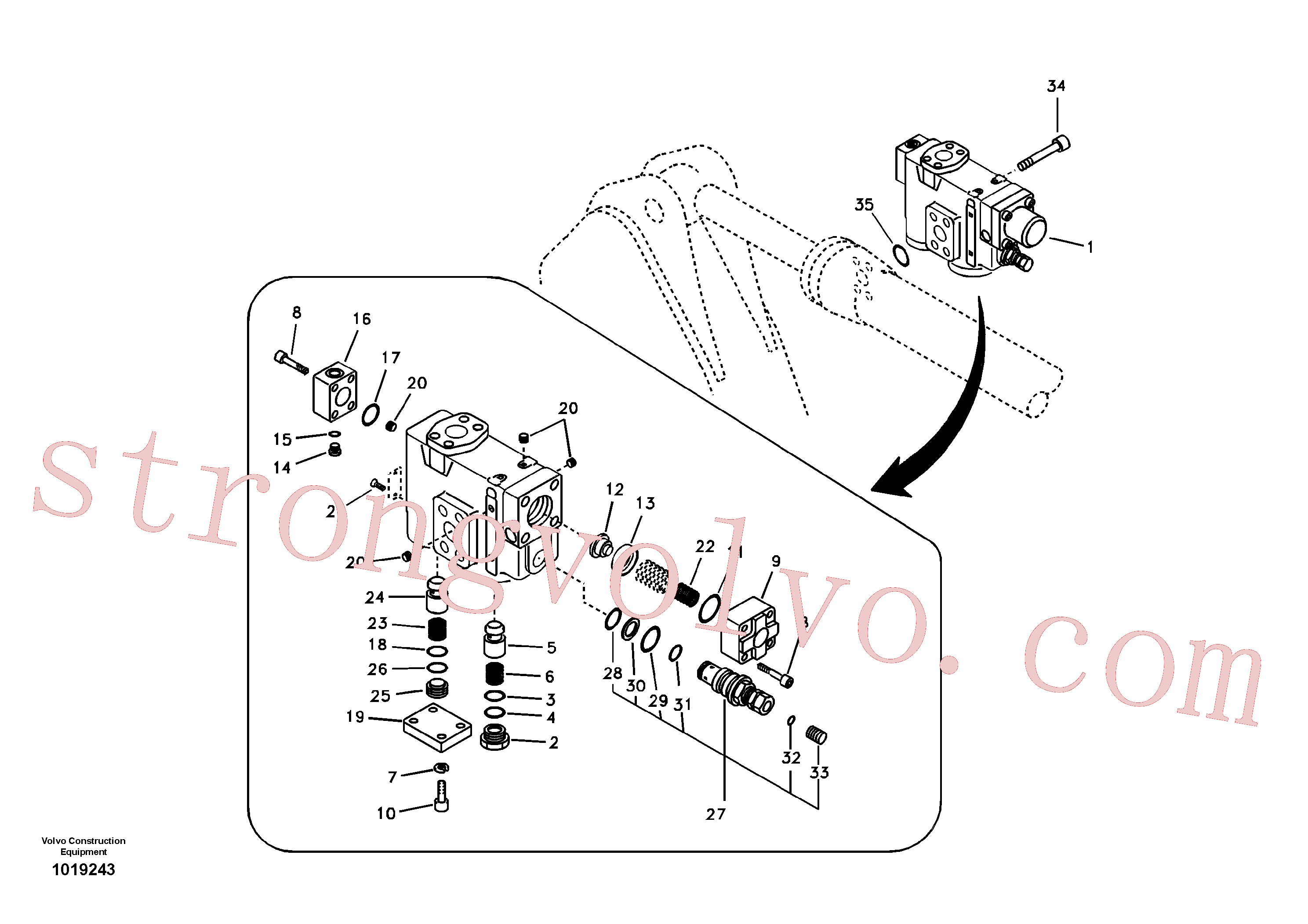 VOE14510949 Volvo Hidráulico de serviço, suporte da válvula de ruptura do braço de afundamento.(1019243 Montagem)