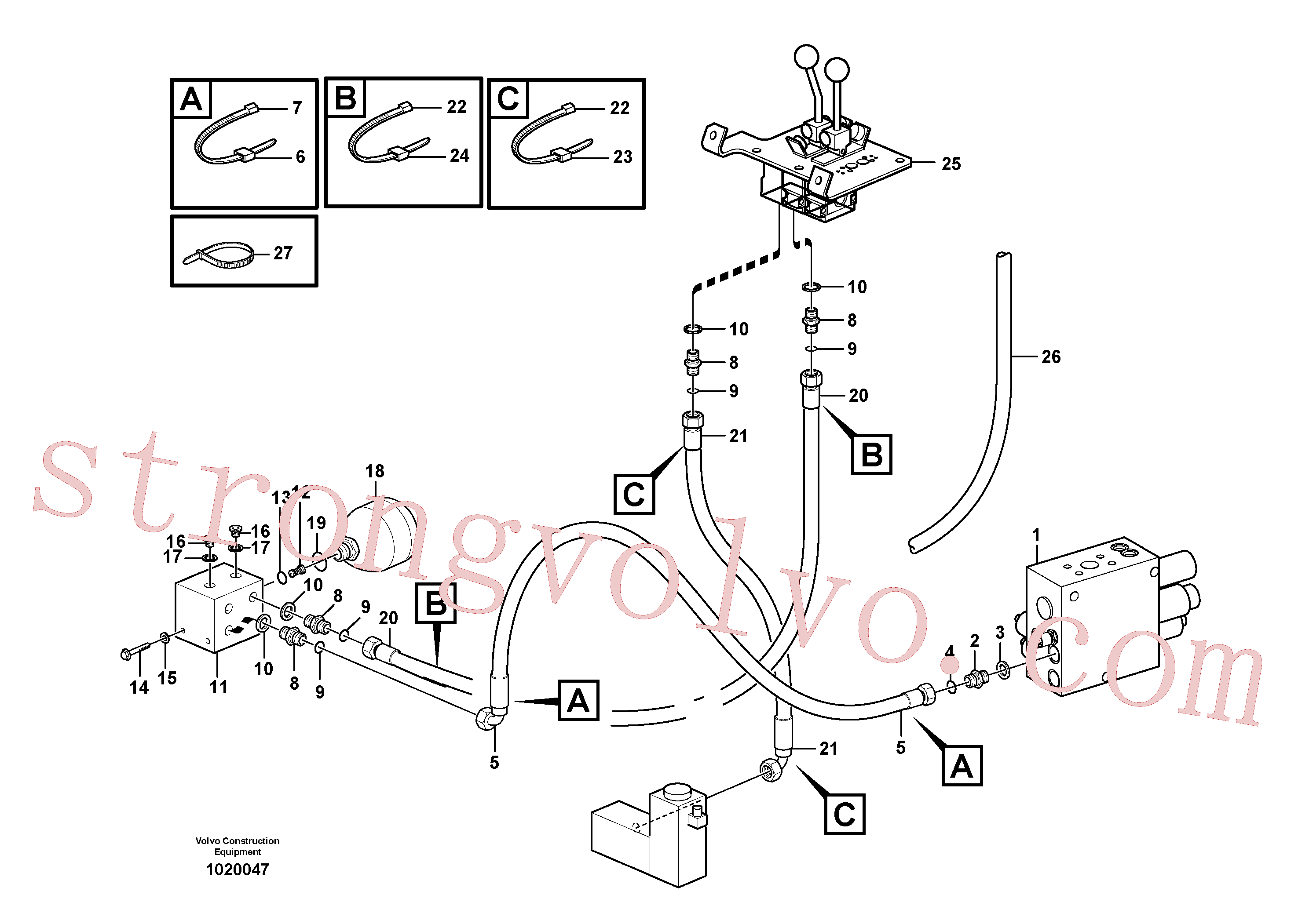 VOE935409 Volvo Servomotor - hidráulico, linhas de alimentação e de retorno(1020047 Montagem)