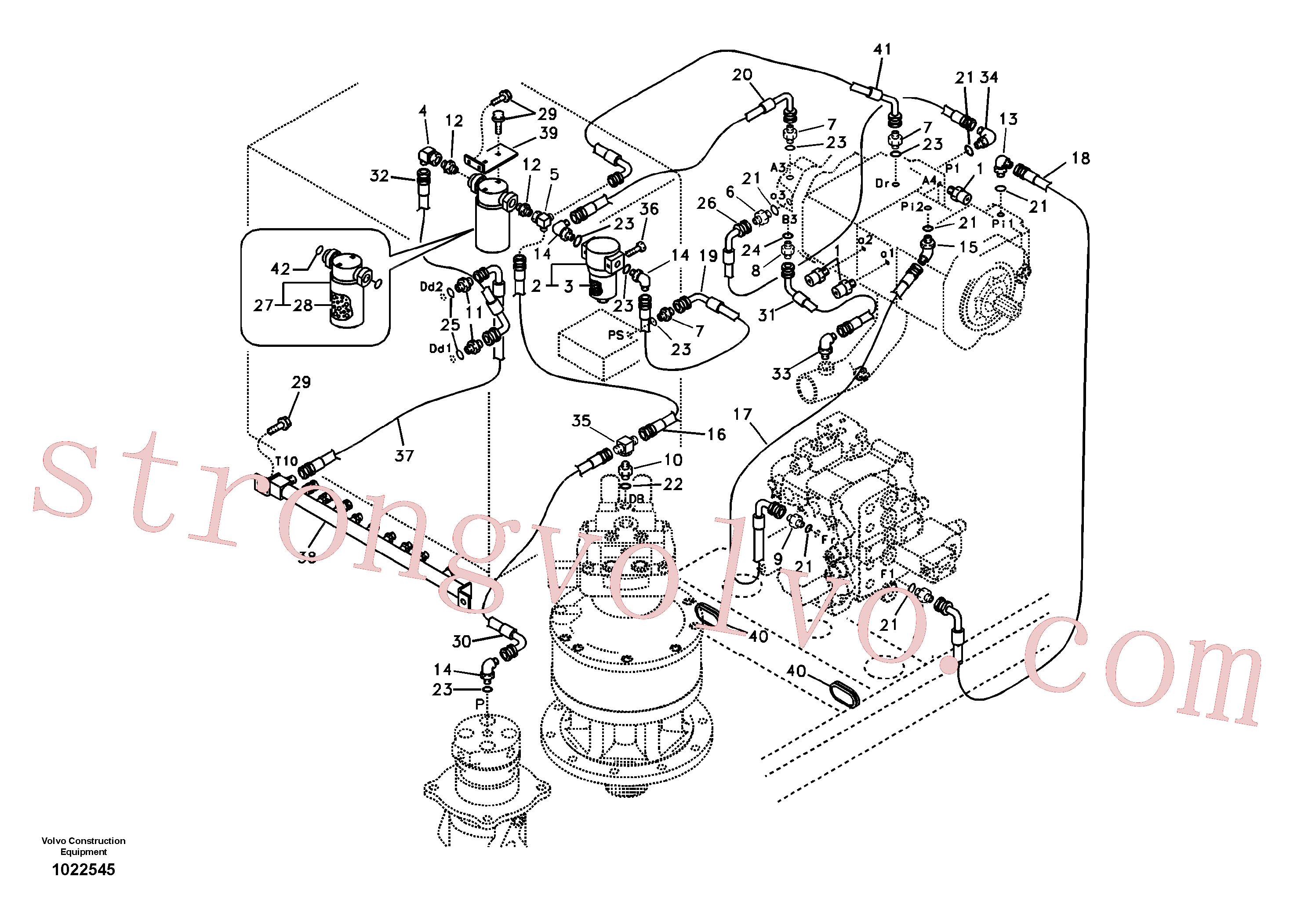 VOE14500811 Volvo Sistema servomotor, suporte do filtro e tubagem da bomba(1022545 Montagem)