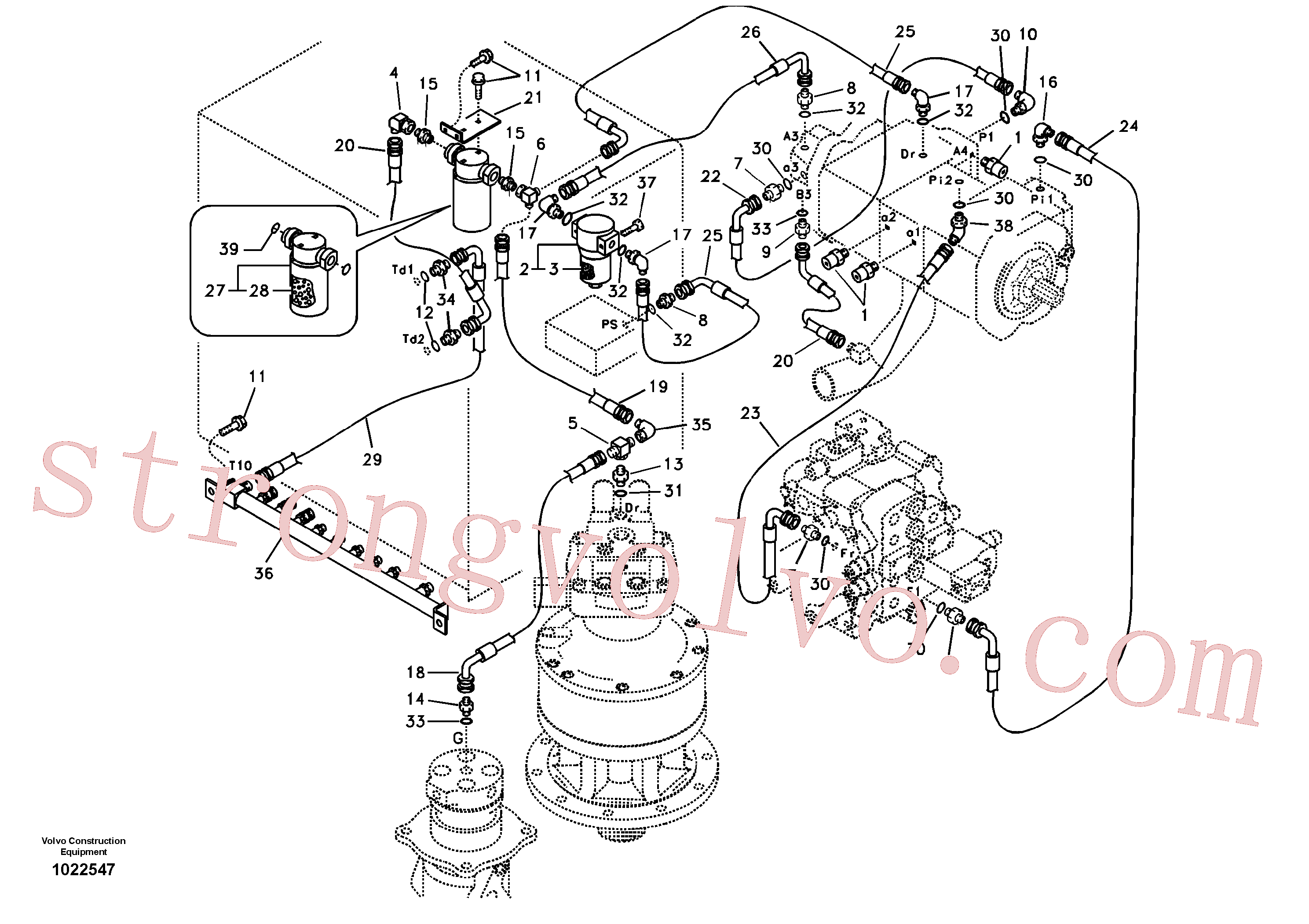 VOE14500811 Volvo Sistema servomotor, suporte do filtro e tubagem da bomba(1022547 Montagem)