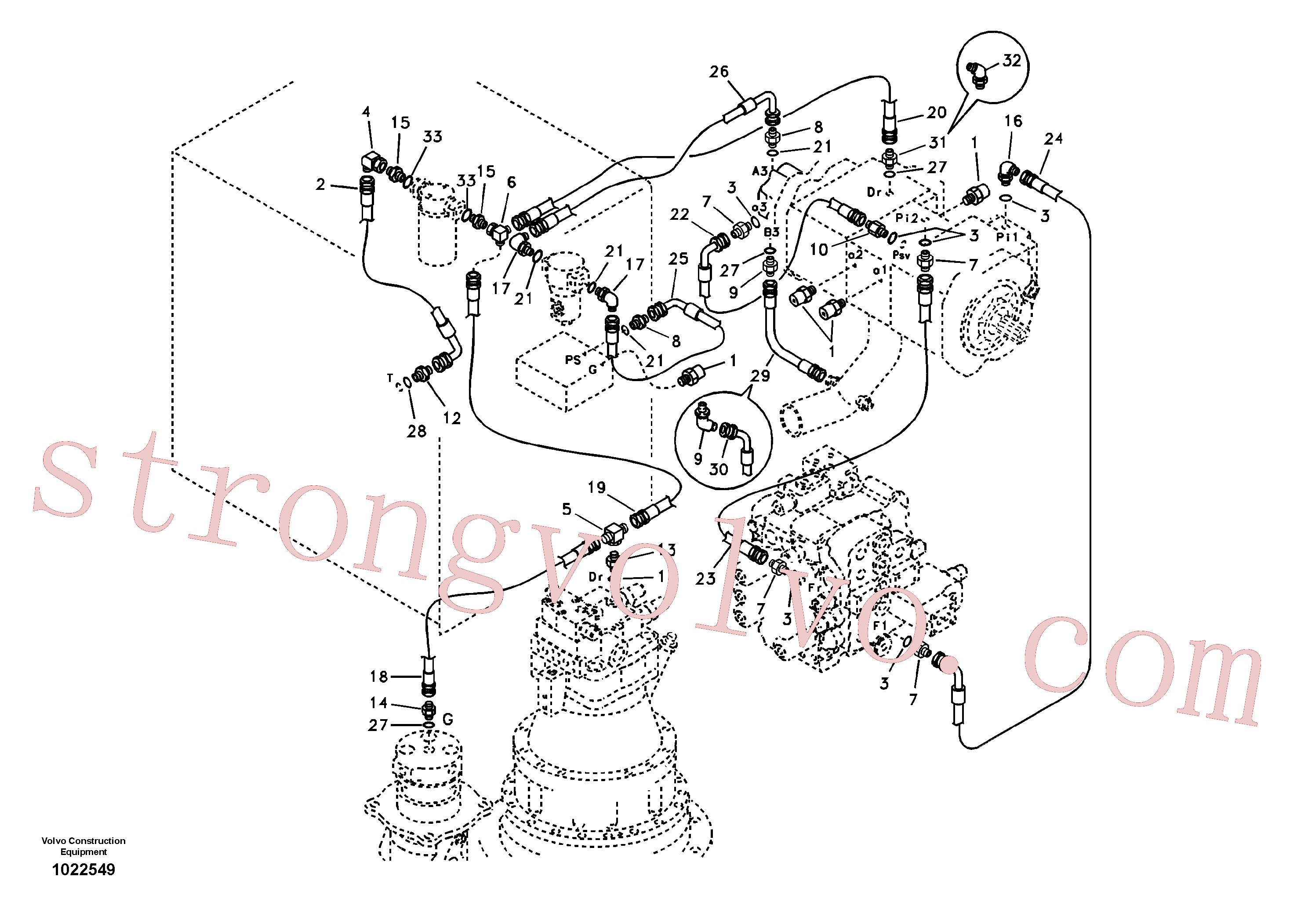 SA9453-02336 Volvo Sistema servomotor, suporte do filtro e tubagem da bomba(1022549 Montagem)