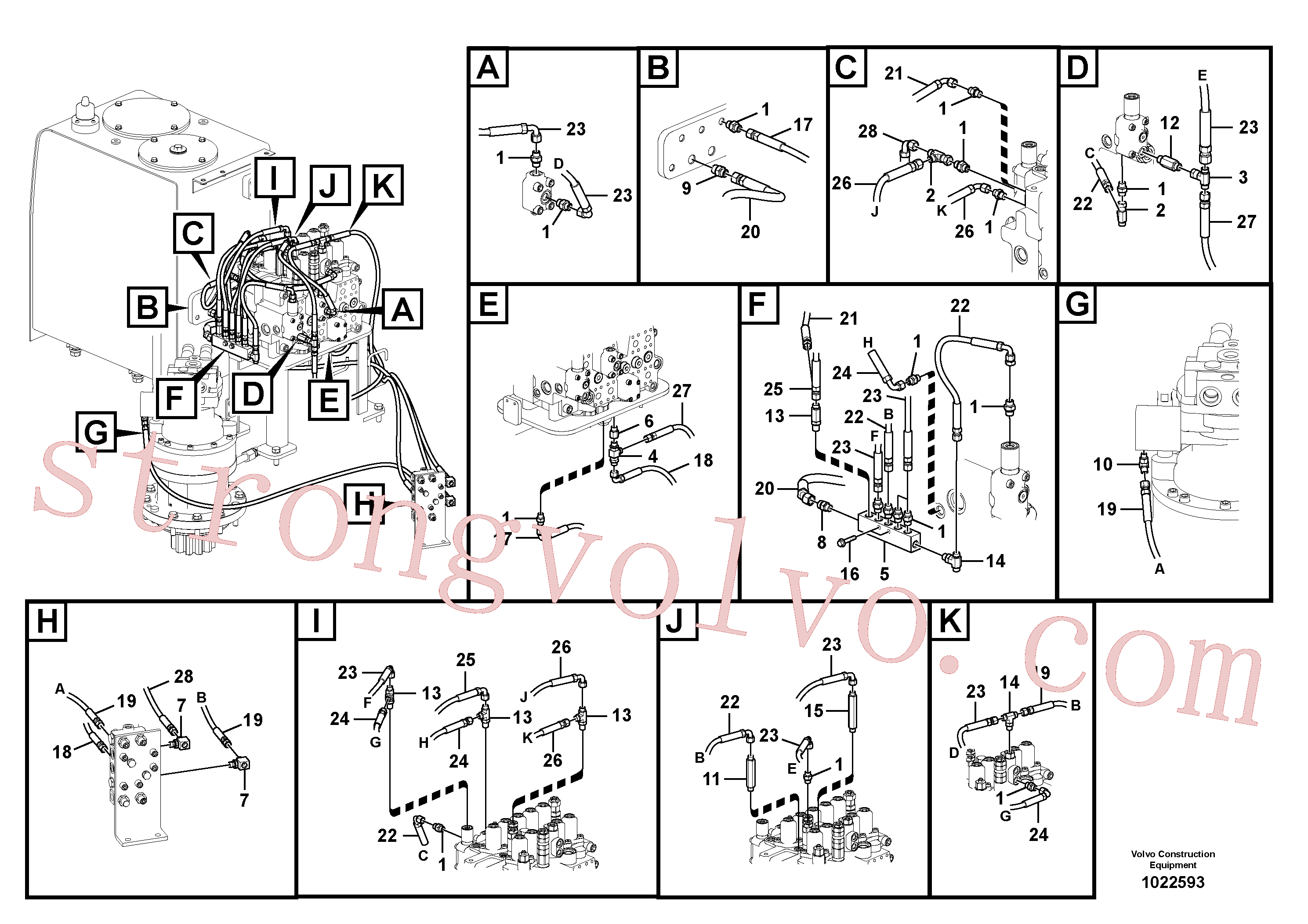 VOE937559 Volvo Sistema servomotor, tubagem da válvula de comando(1022593 Montagem)