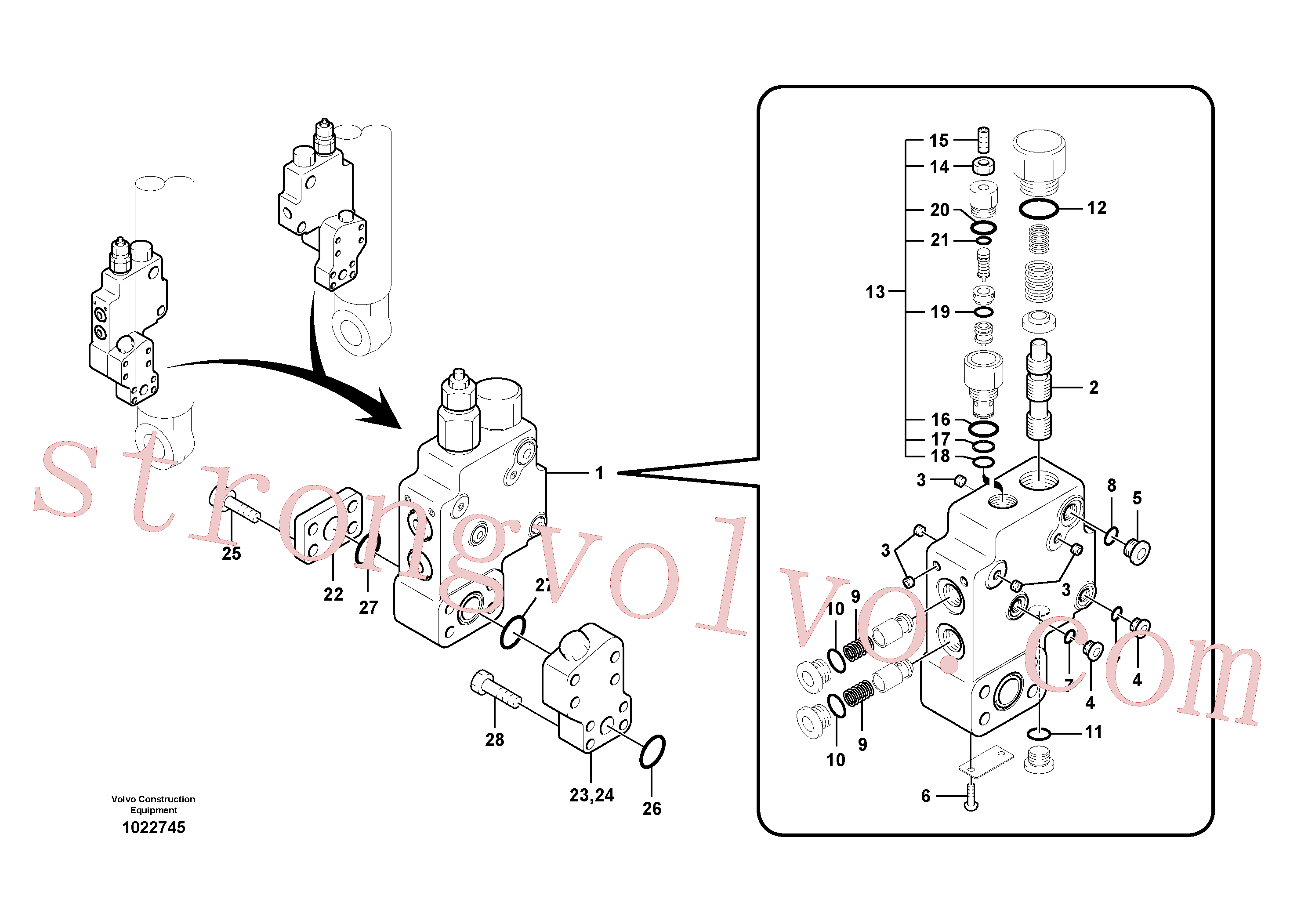 SA1174-50280 Volvo Hidráulico de serviço, suporte da válvula de ruptura da lança(1022745 Montagem)
