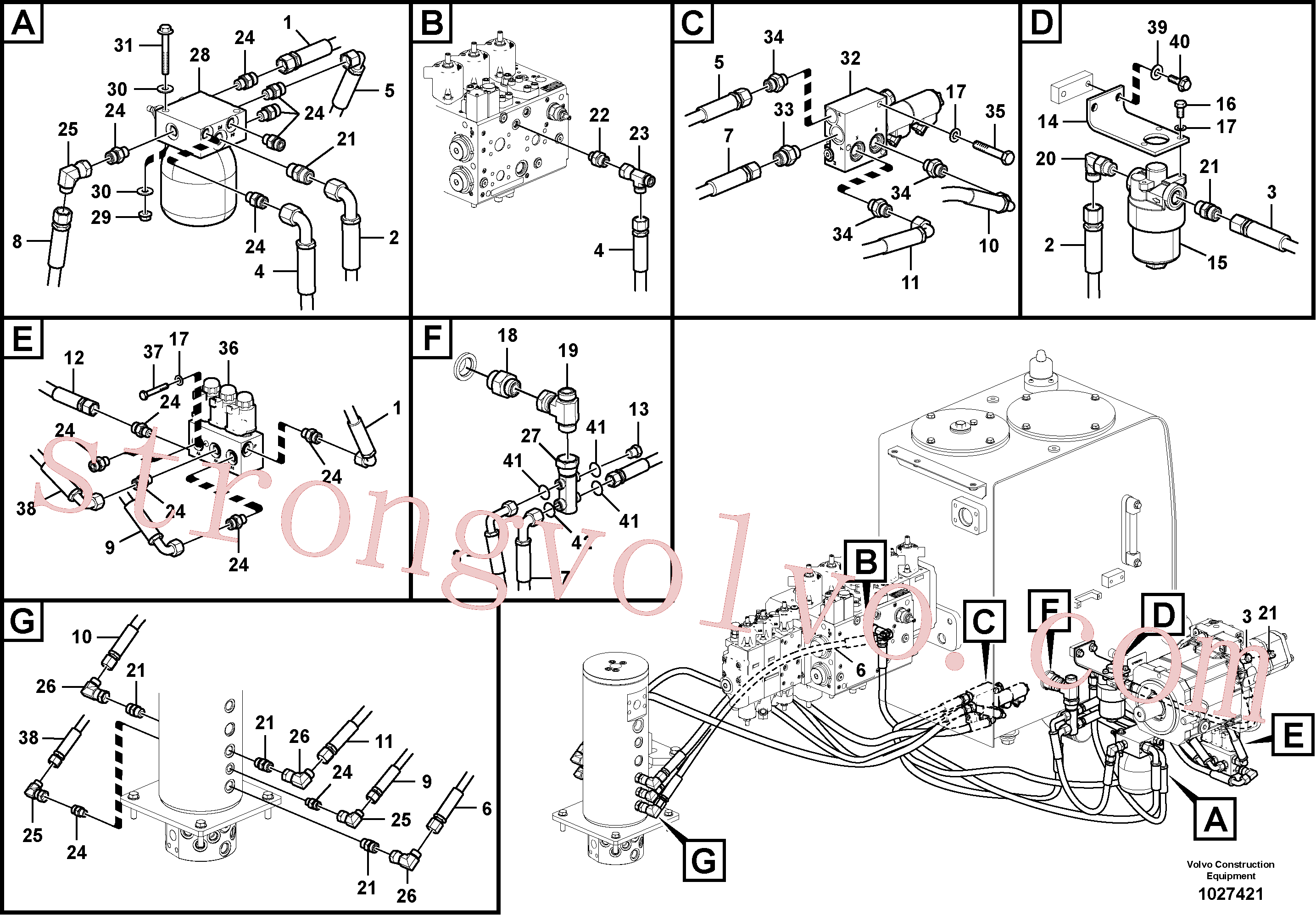 VOE937131 Volvo Sistema servomotor, tubagem da válvula de comando(1027421 Montagem)