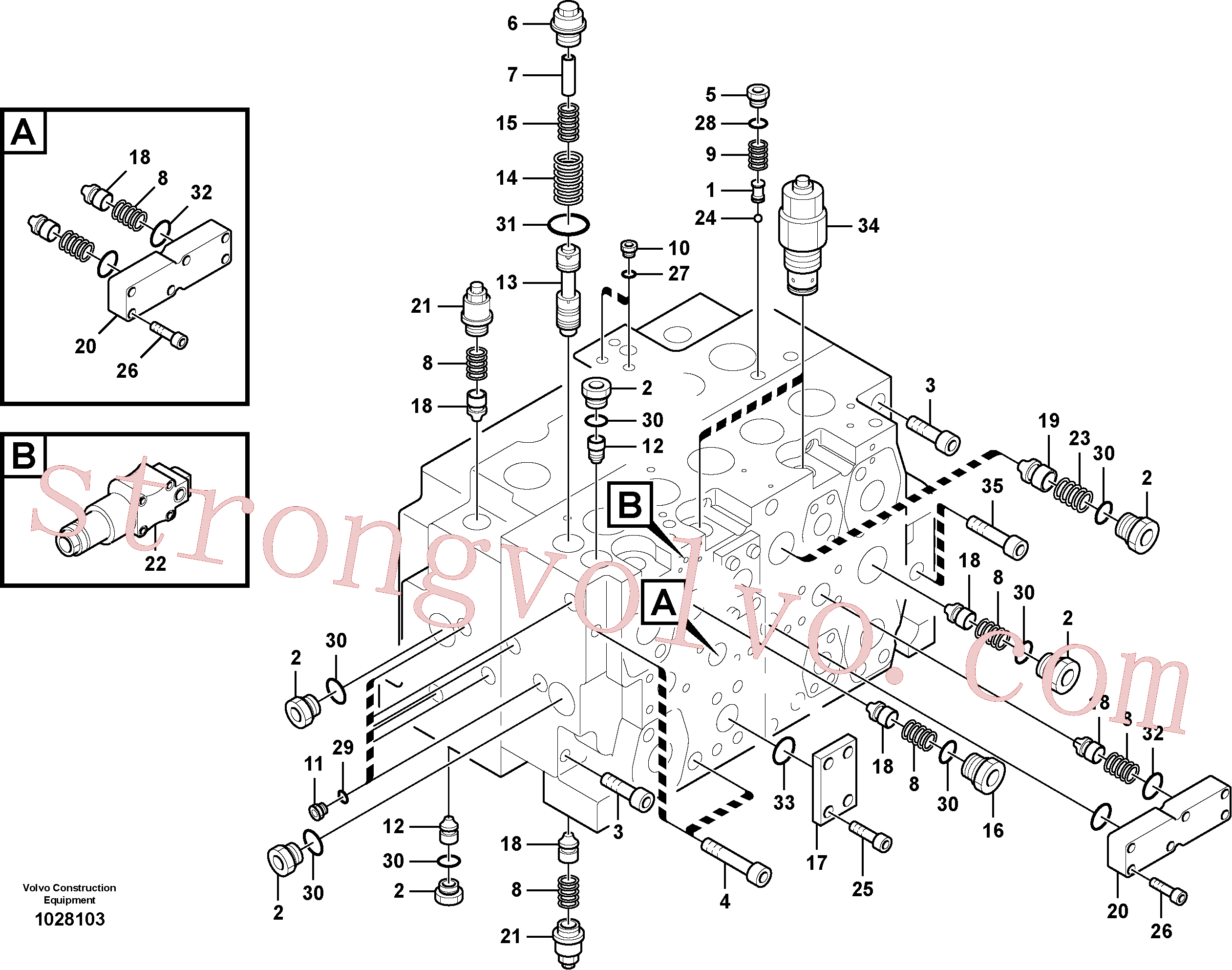 SA8230-37290 Volvo Válvula mestra de comando, Válvula de comando, válvula de alívio e suspensão do braço de afundamento(1028103 Montagem)