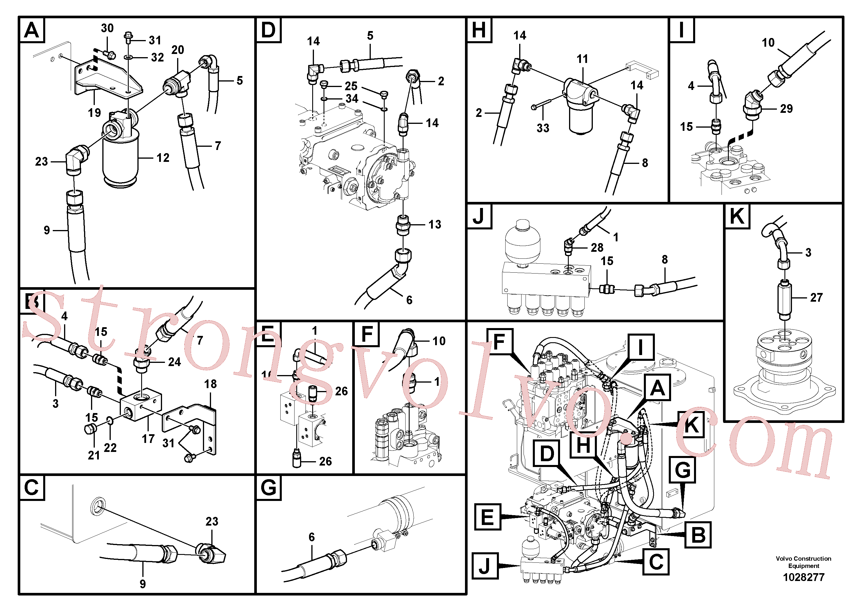 VOE938191 Volvo Sistema servomotor, suporte do filtro e tubagem da bomba(1028277 Montagem)