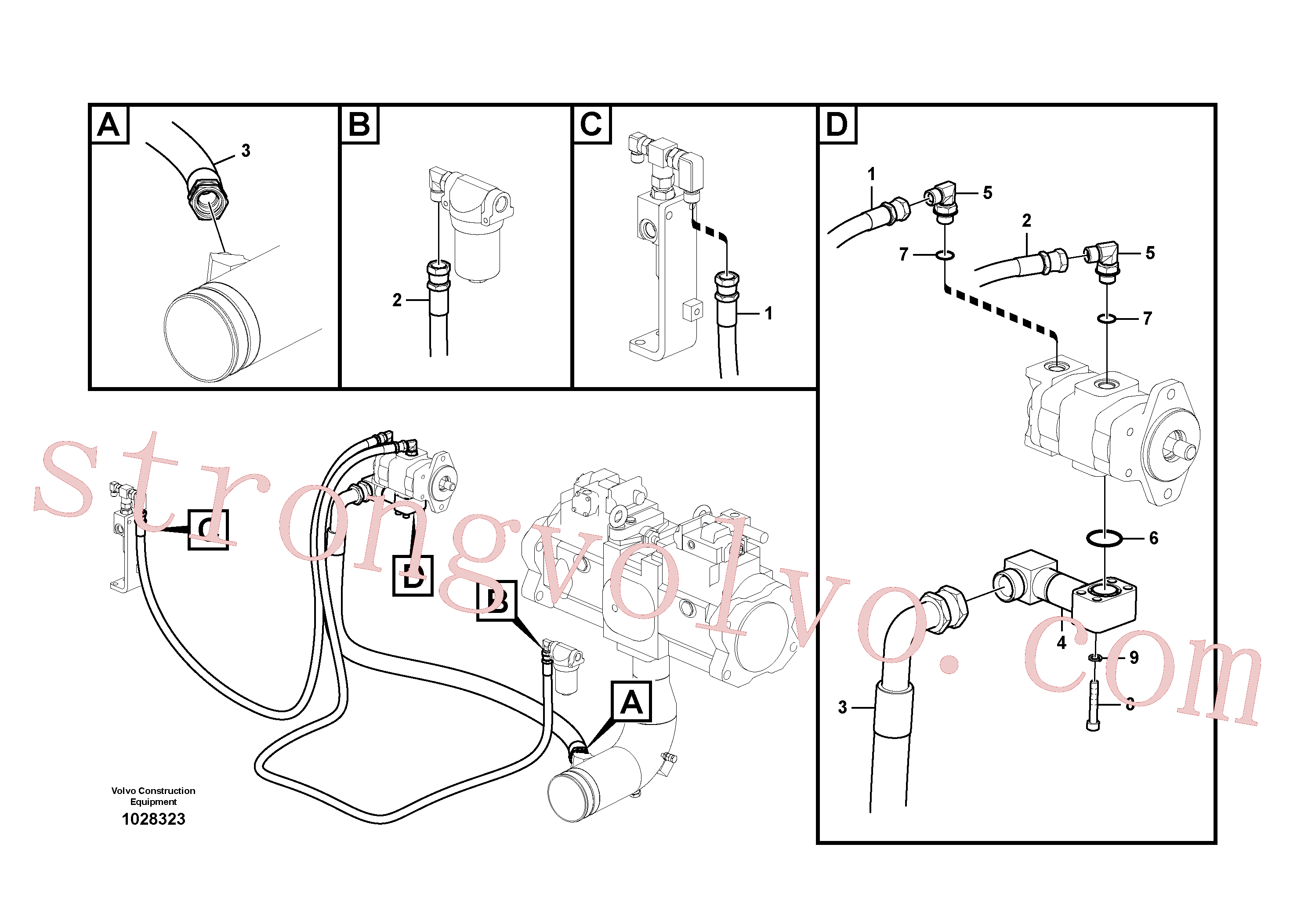 SA9451-04355 Volvo Sistema servomotor, suporte do filtro e tubagem da bomba(1028323 Montagem)