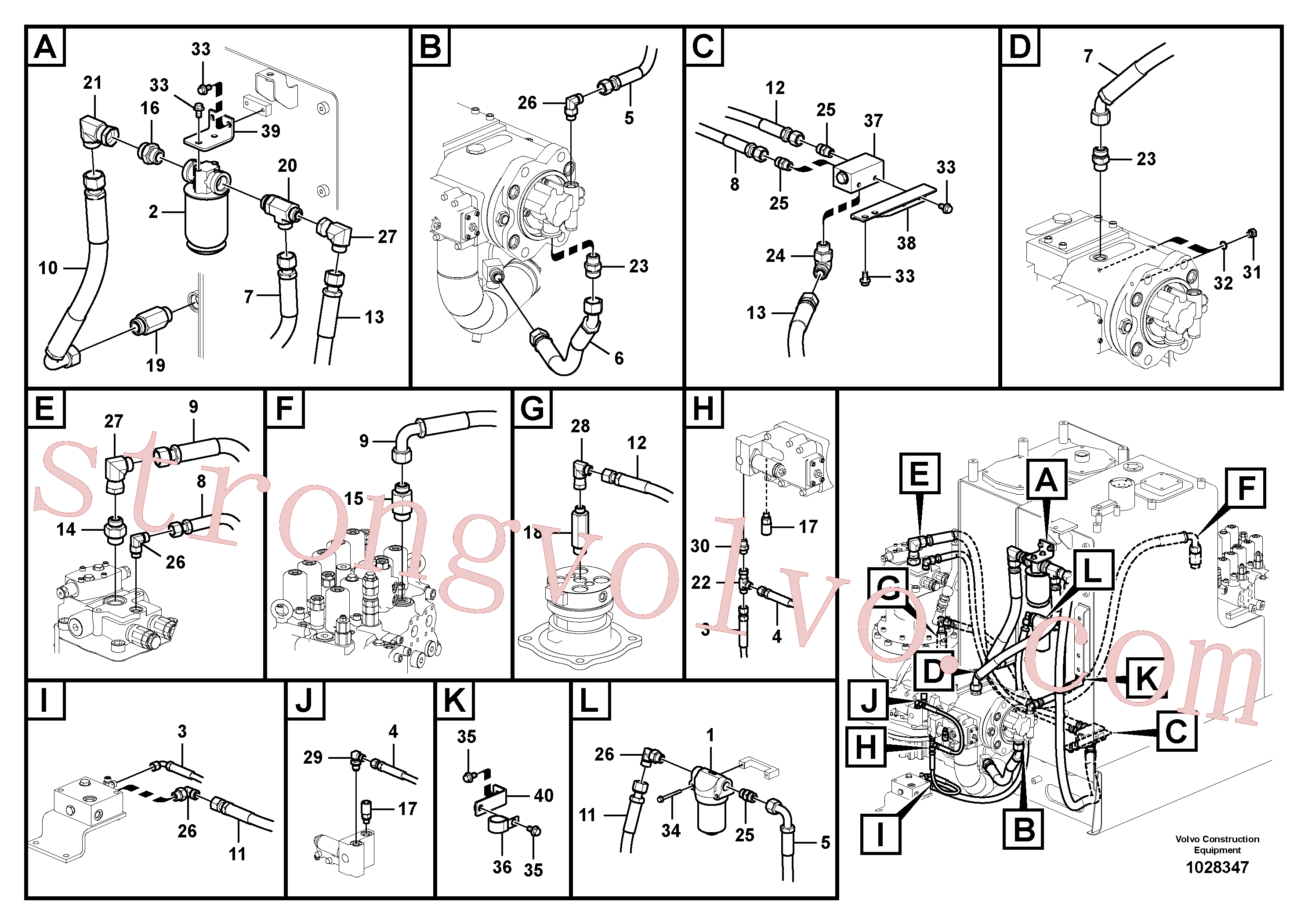 VOE937144 Volvo Sistema servomotor, suporte do filtro e tubagem da bomba(1028347 Montagem)
