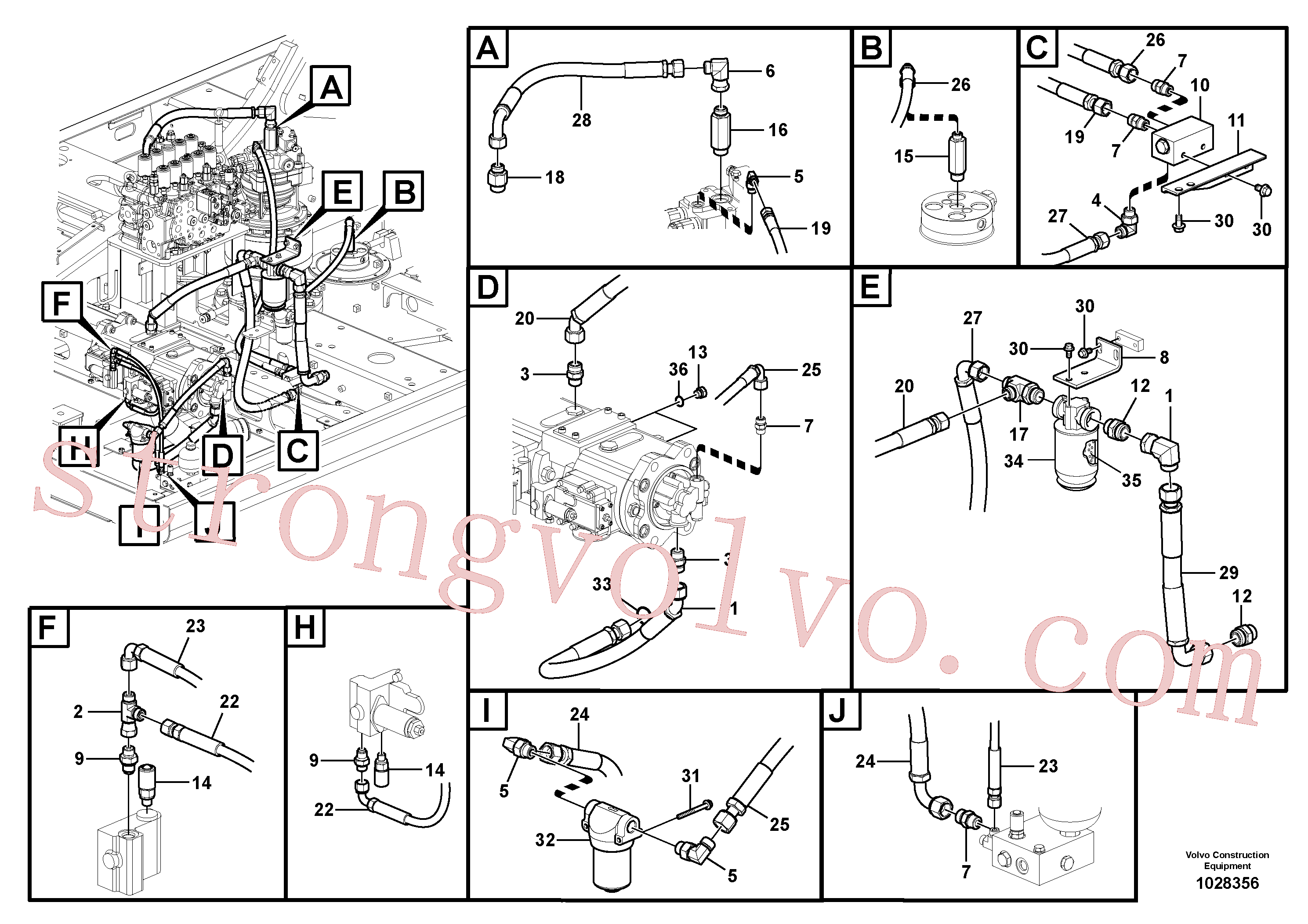 VOE938000 Volvo Sistema servomotor, suporte do filtro e tubagem da bomba(1028356 Montagem)