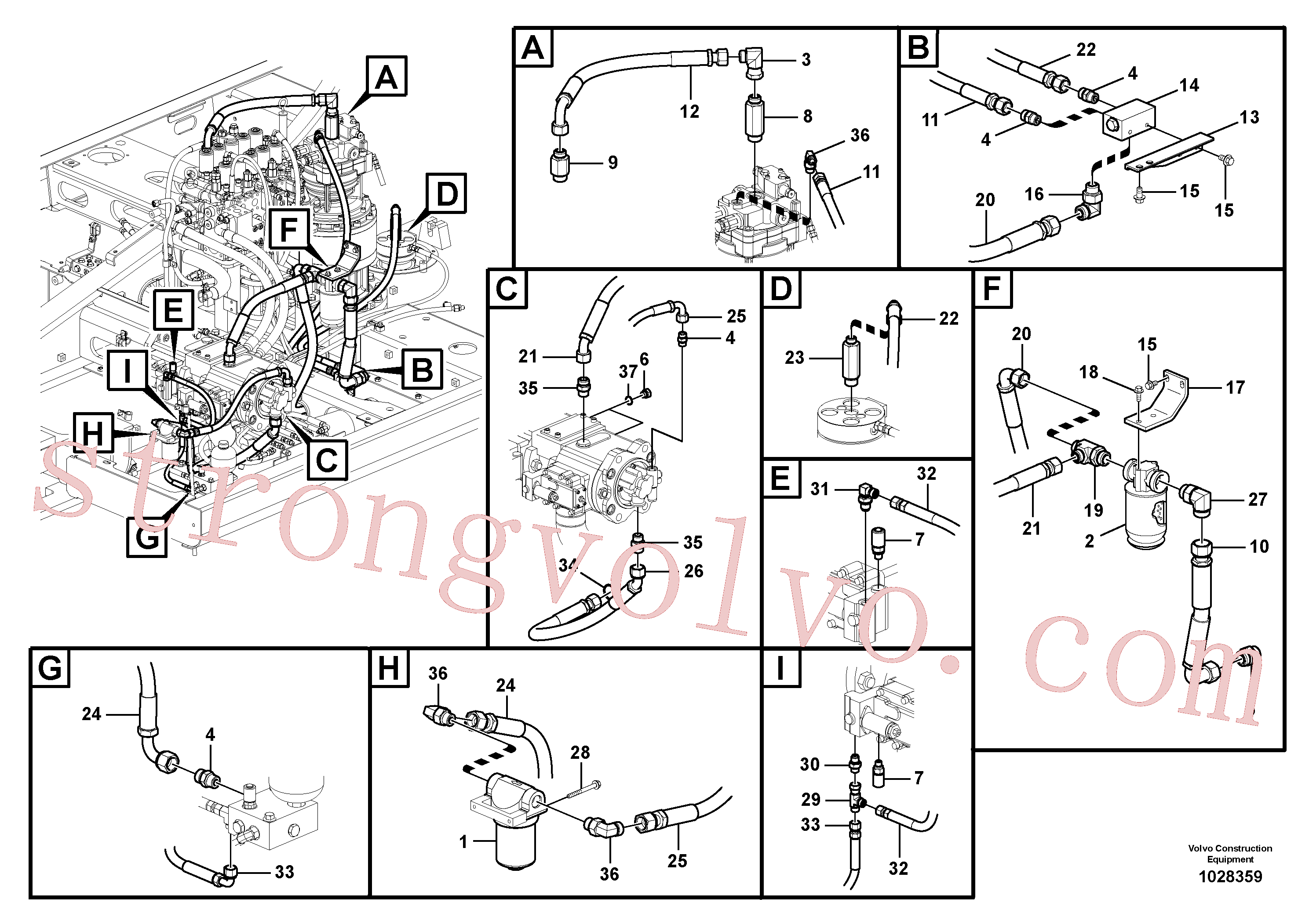 VOE937257 Volvo Sistema servomotor, suporte do filtro e tubagem da bomba(1028359 Montagem)