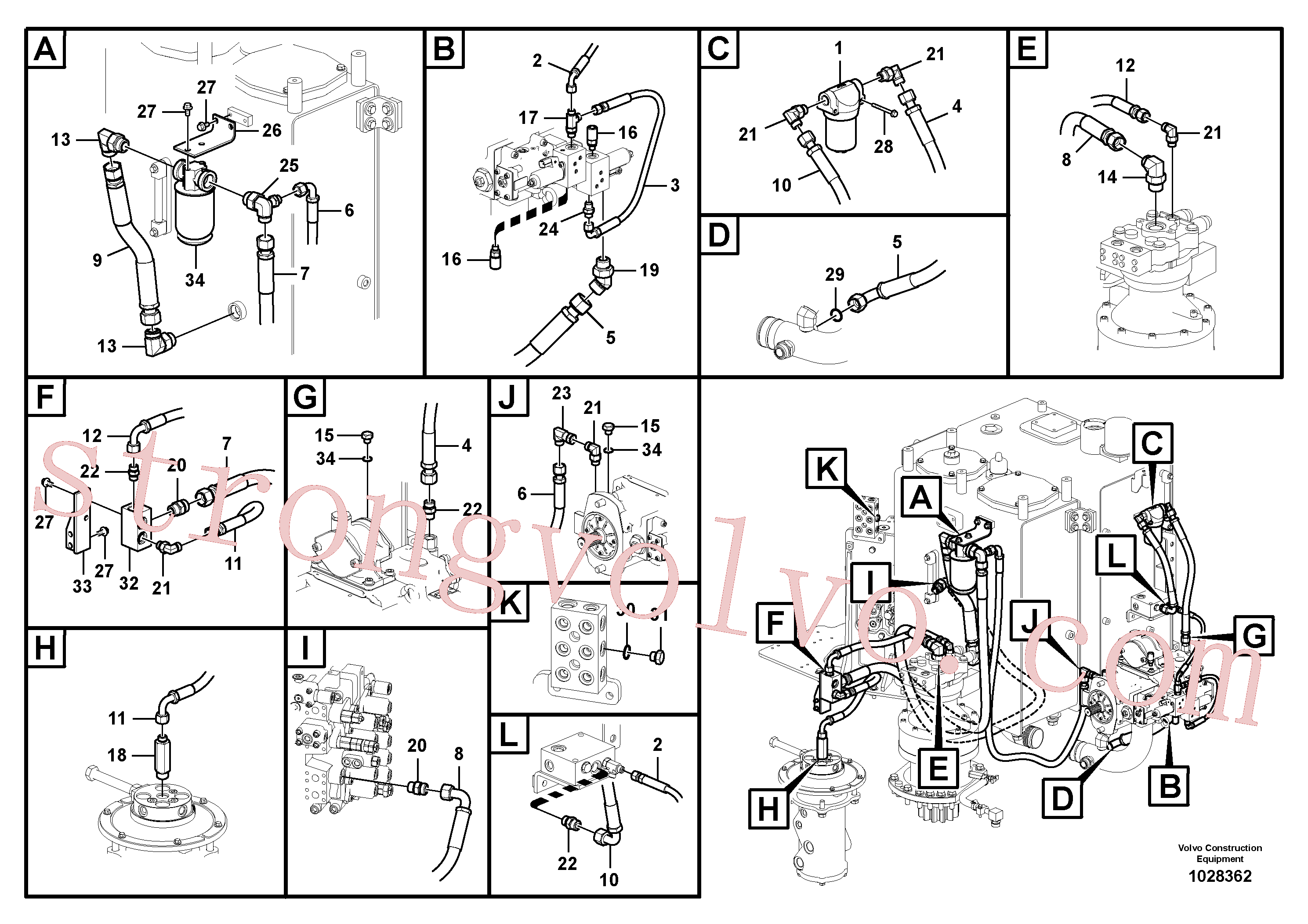 VOE15015598 Volvo Sistema servomotor, suporte do filtro e tubagem da bomba(1028362 Montagem)