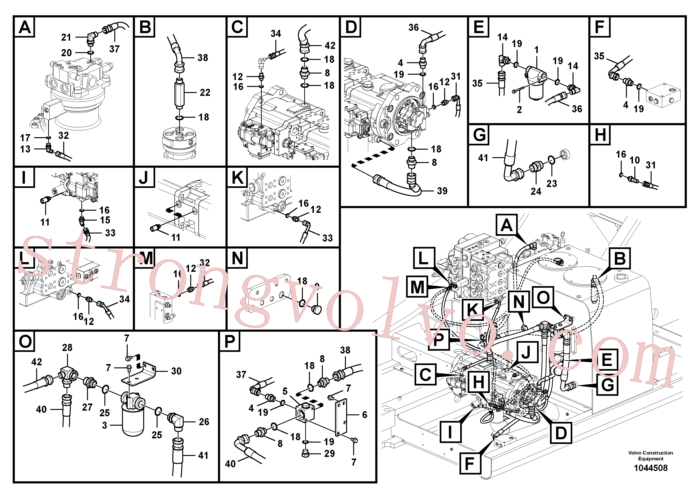 SA9451-02231 Volvo Sistema servomotor, suporte do filtro e tubagem da bomba(1044508 Montagem)