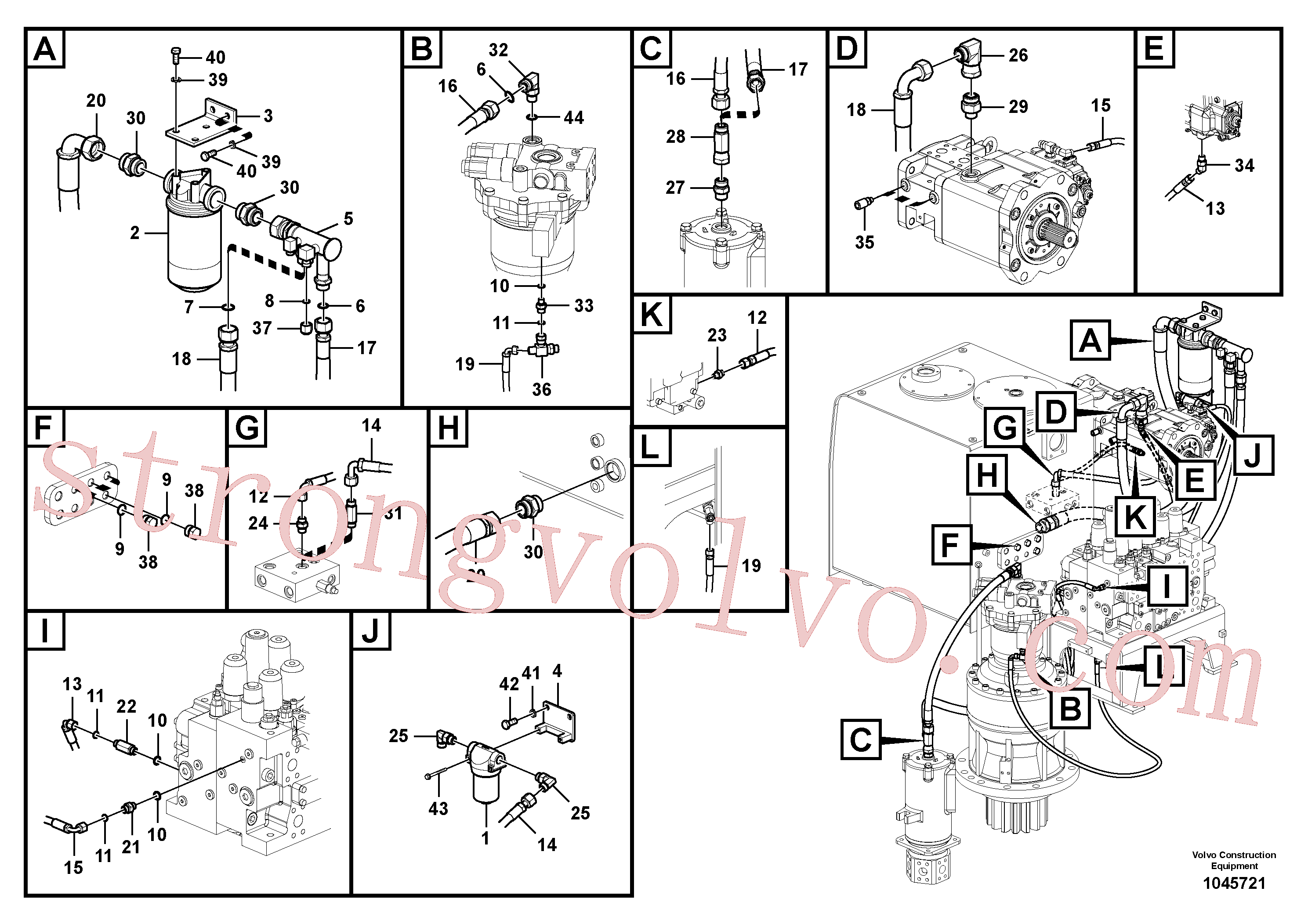 VOE937508 Volvo Sistema servomotor, suporte do filtro e tubagem da bomba(1045721 Montagem)