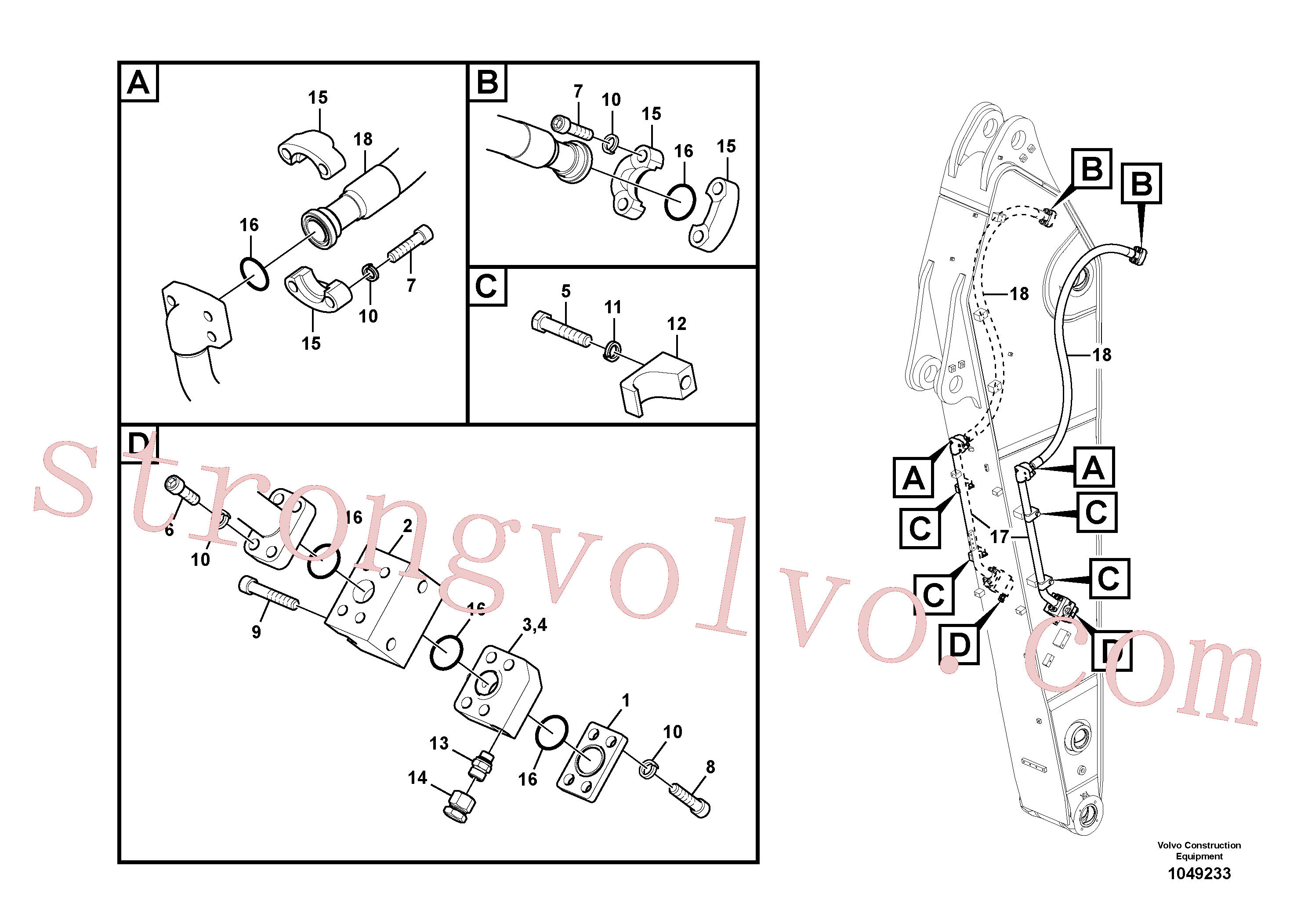 SA9495-17654 Volvo Hidráulica de serviço, martelo e cortador para braço de afundamento(1049233 Montagem)
