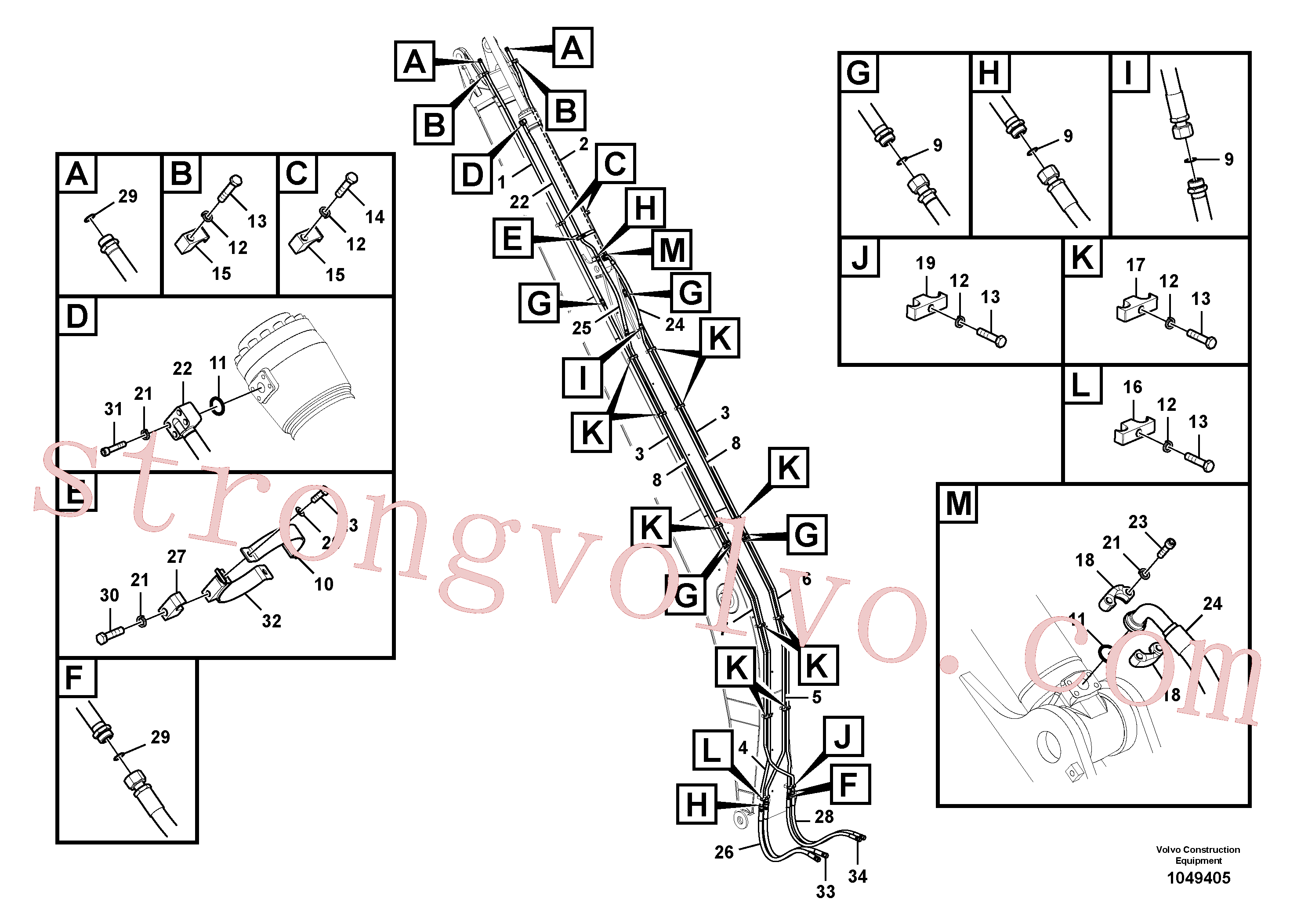 SA1174-56851 Volvo Hidráulica de serviço, cilindro do braço de afundamento na lança(1049405 Montagem)