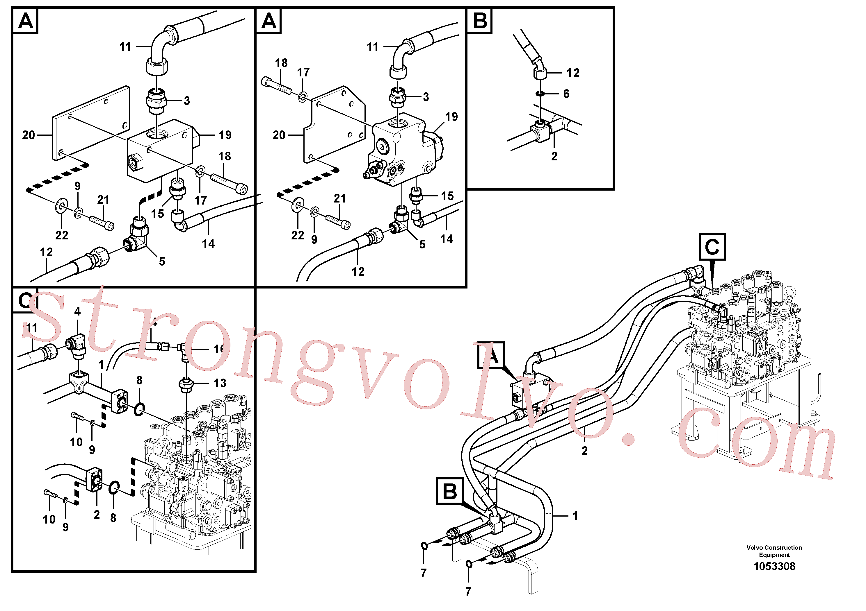 VOE938183 Volvo Sistema hidráulico, válvula de comando da lança e articulação(1053308 Montagem)