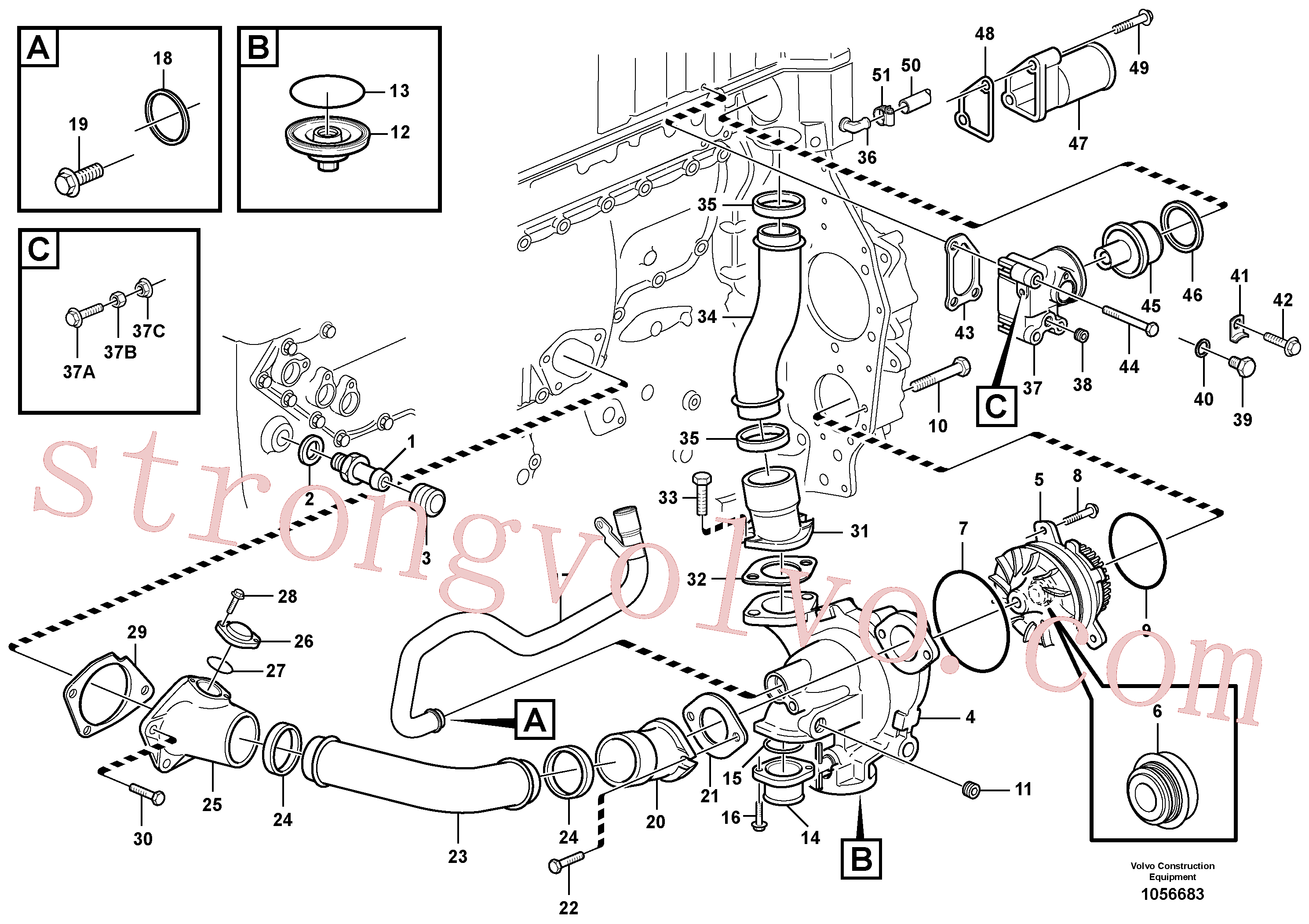VOE943367 Volvo Alojamento do termóstato e da bomba de água(1056683 Montagem)