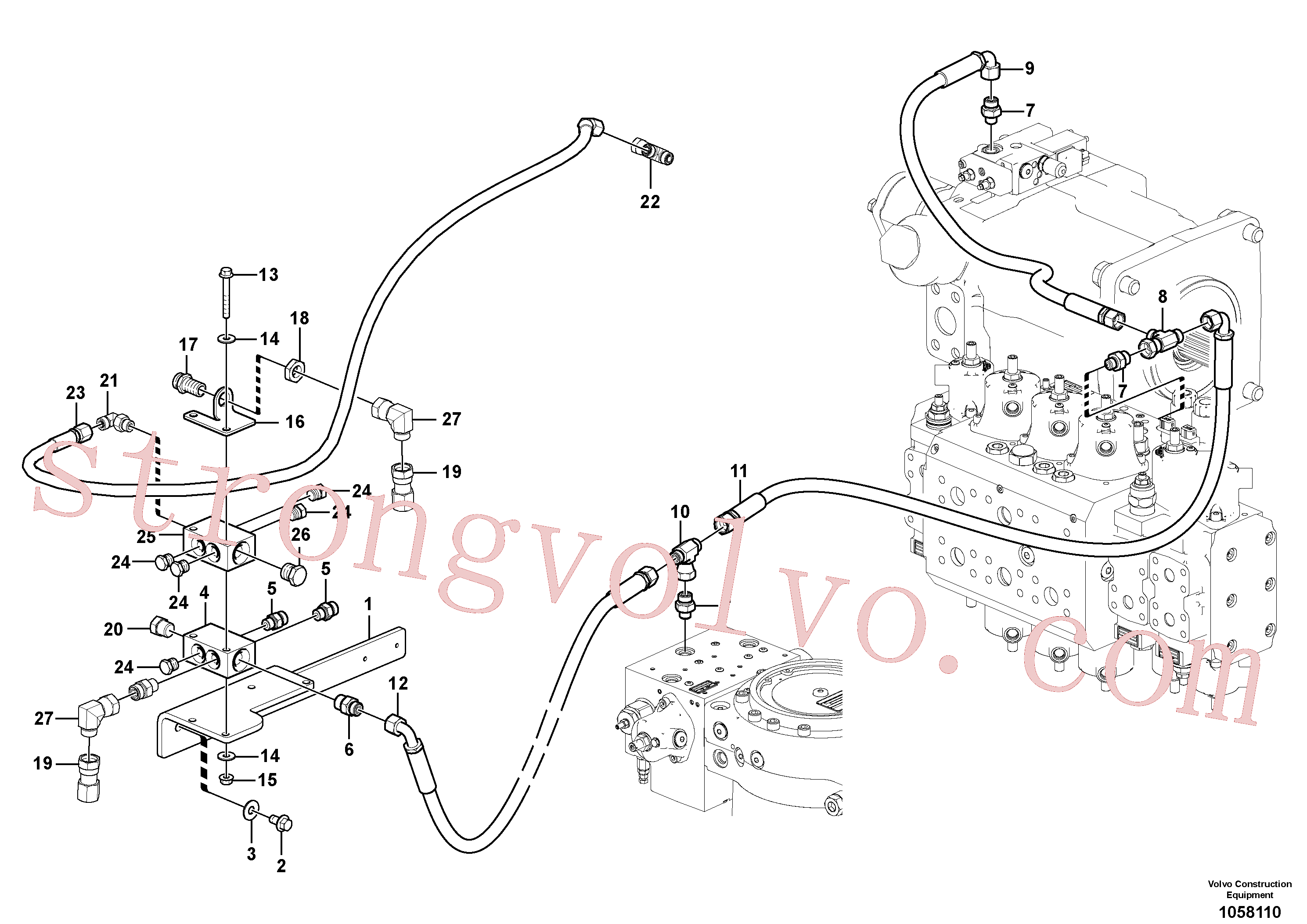 VOE936489 Volvo Sistema servomotor, suporte do filtro e tubagem da bomba(1058110 Montagem)