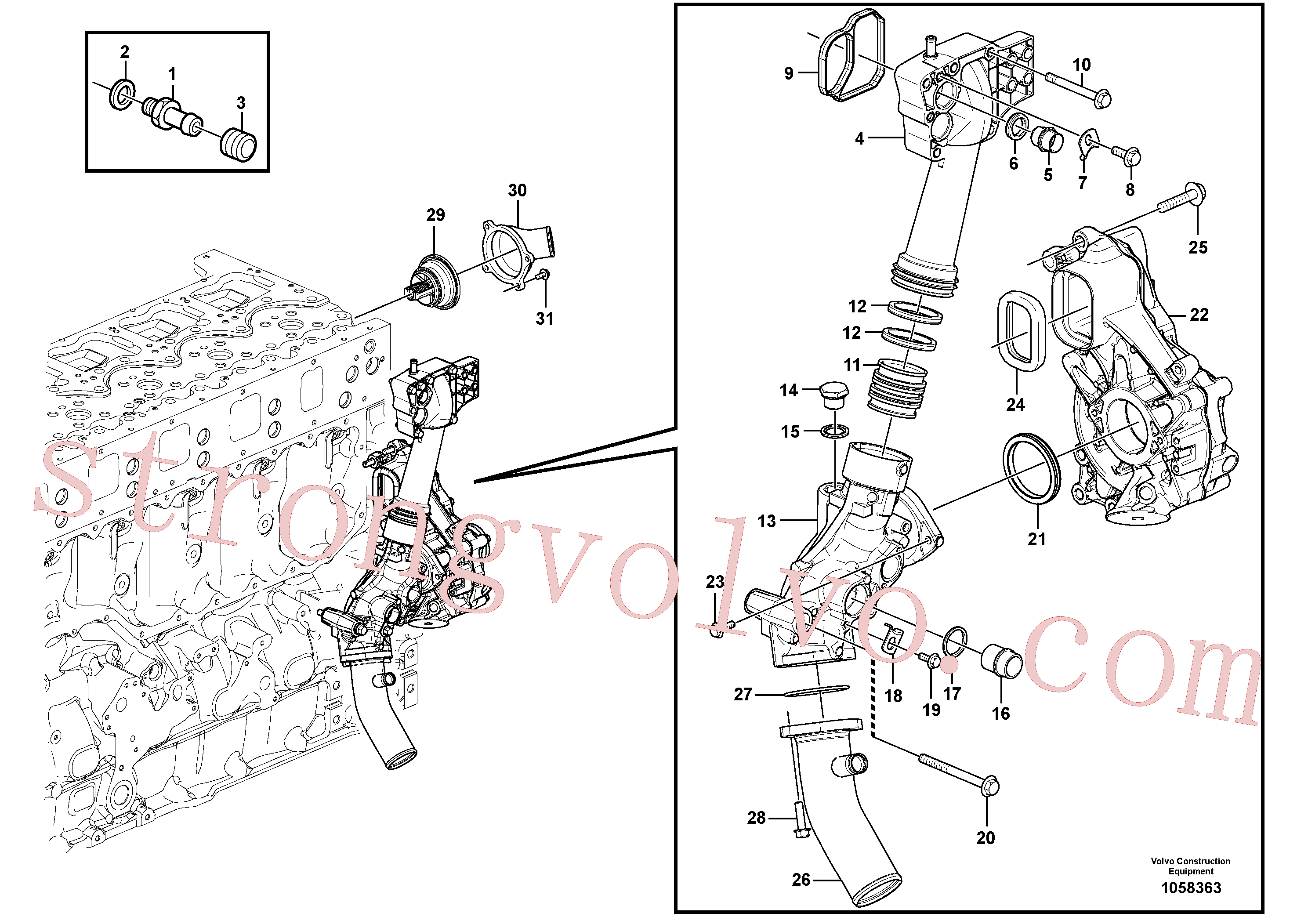 VOE965185 Volvo Alojamento do termóstato e da bomba de água(1058363 Montagem)