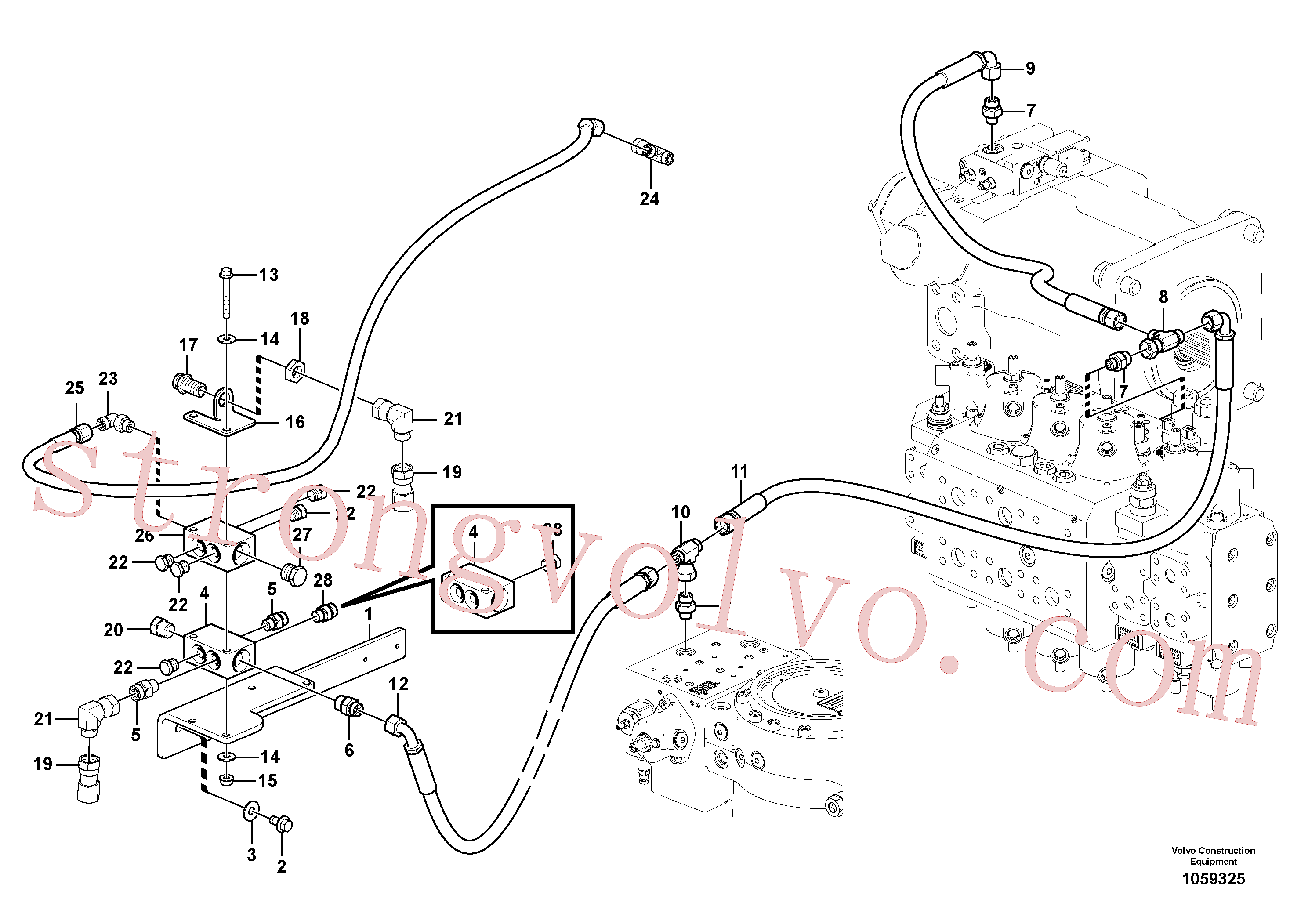 VOE936481 Volvo Sistema servomotor, suporte do filtro e tubagem da bomba(1059325 Montagem)