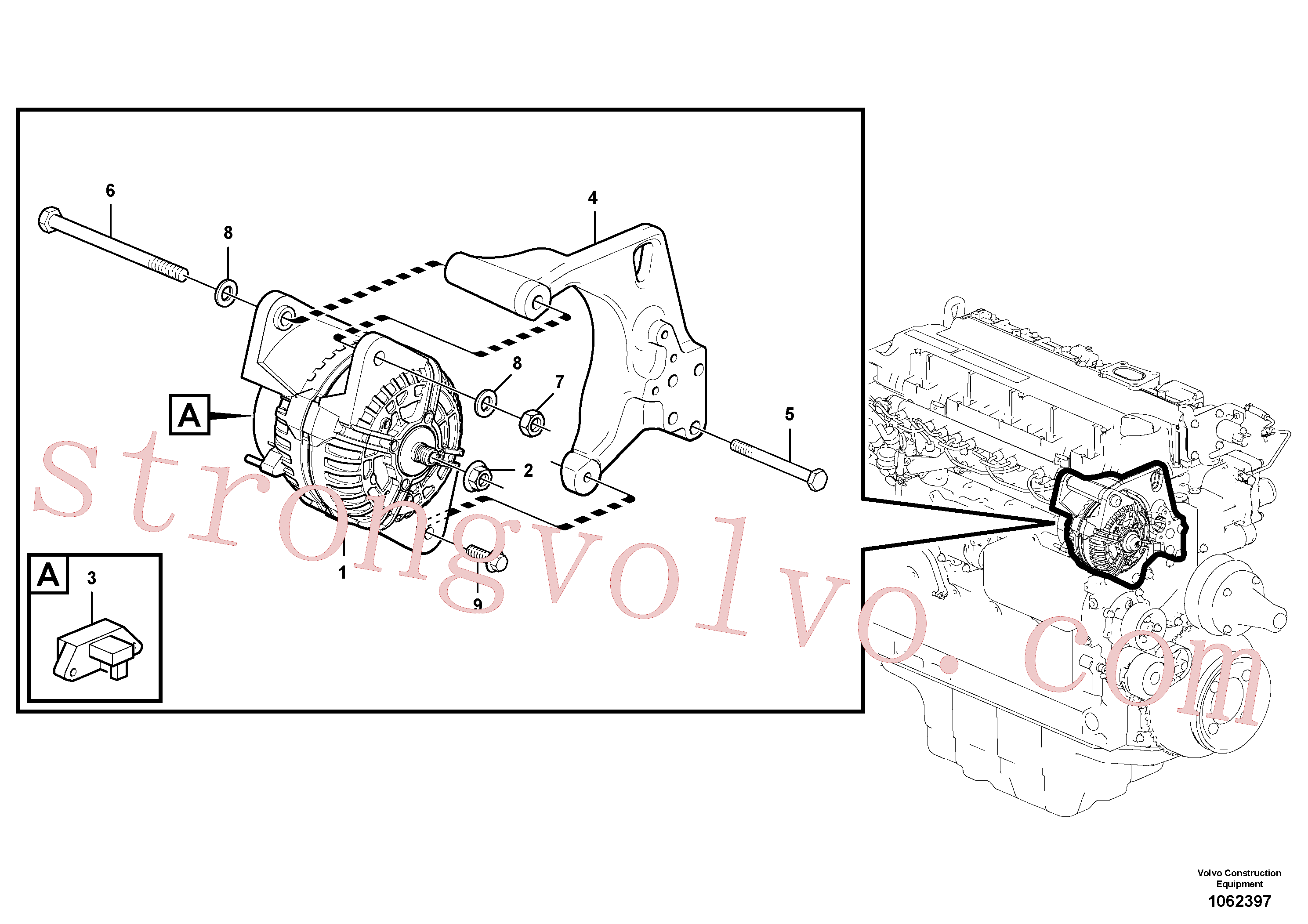 VOE20542497 Volvo Alternador com detalhes de montagem(1062397 Montagem)