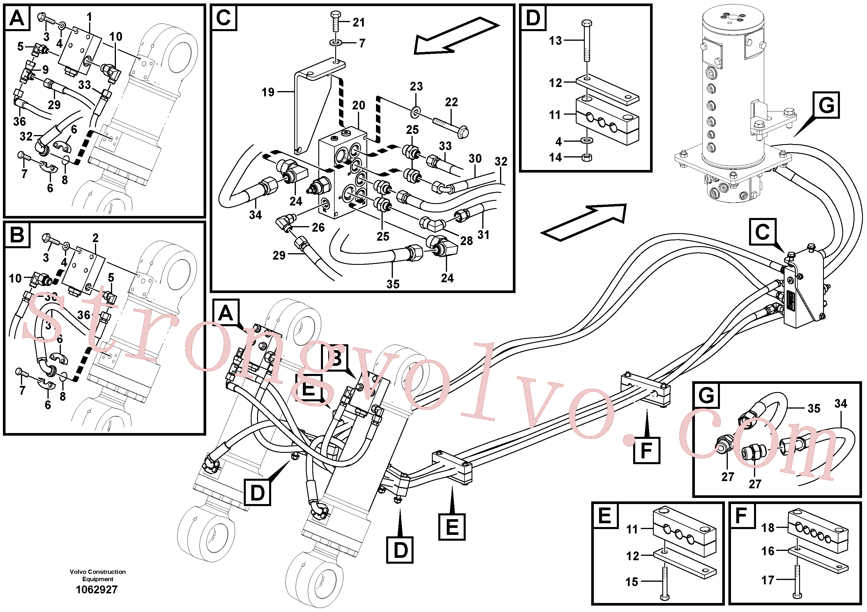 VOE937707 Volvo Sistema hidráulico de trabalho, lâmina niveladora traseira(1062927 Montagem)