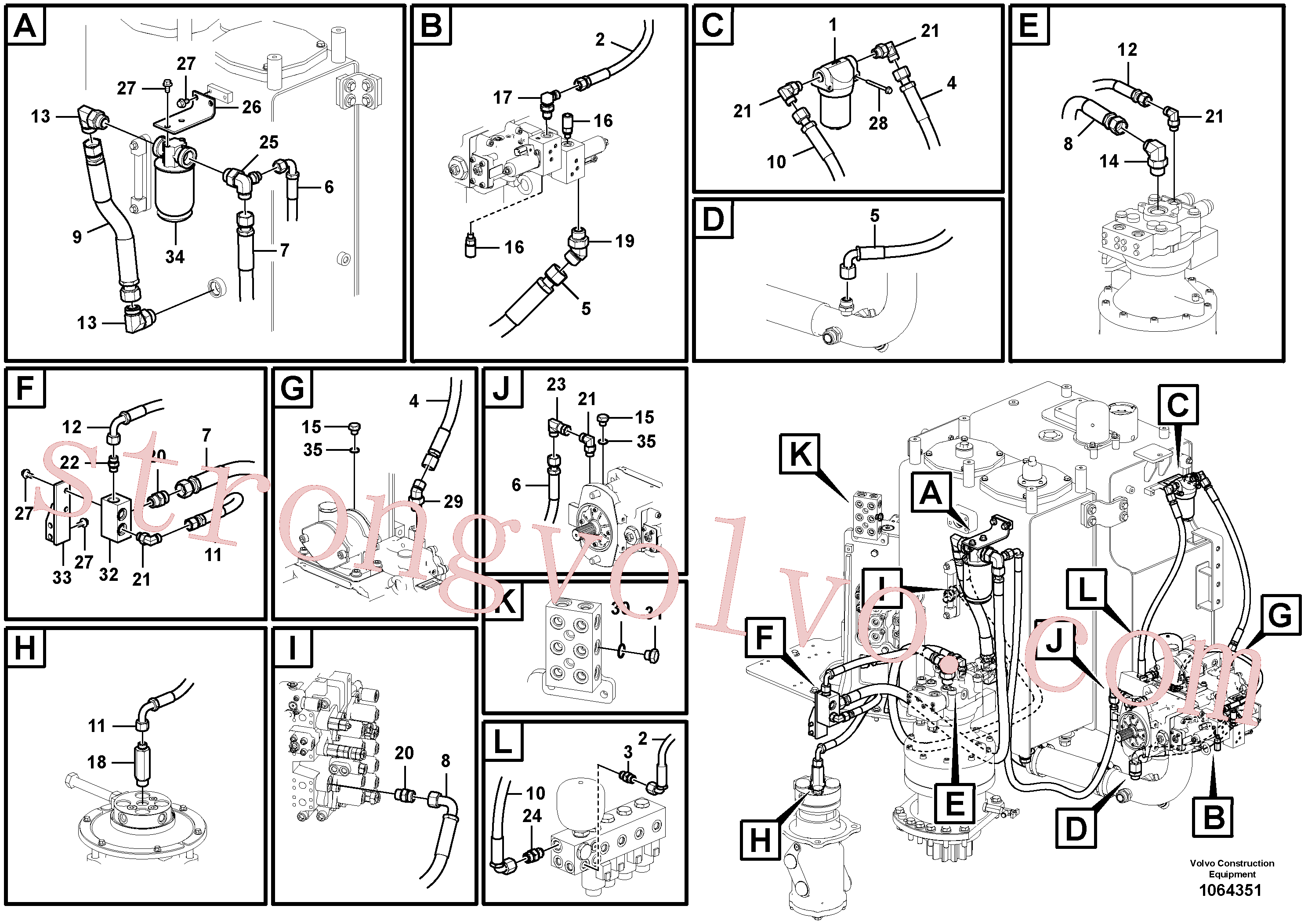 VOE938108 Volvo Sistema servomotor, suporte do filtro e tubagem da bomba(1064351 Montagem)