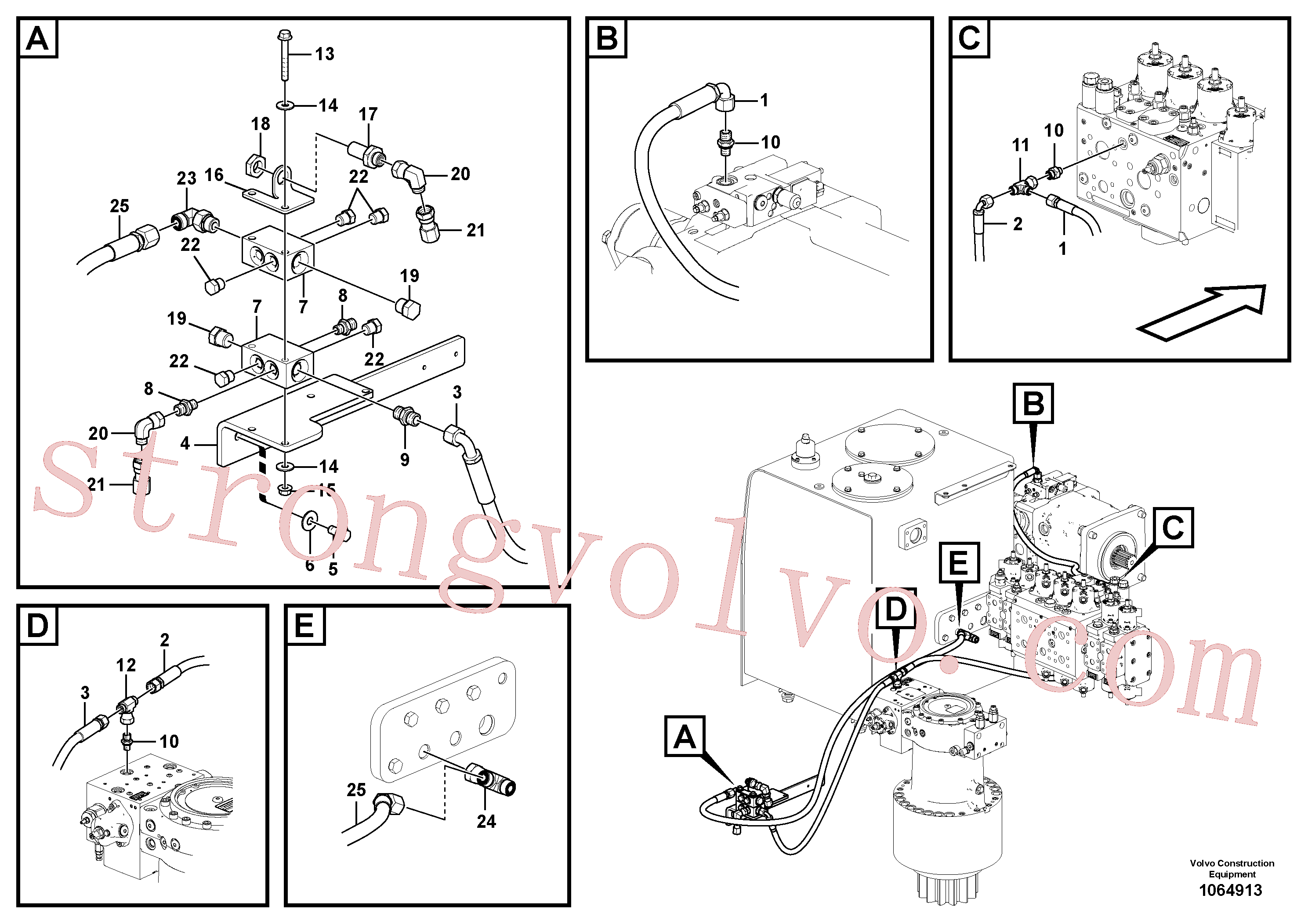 VOE936493 Volvo Sistema servomotor, suporte do filtro e tubagem da bomba(1064913 Montagem)