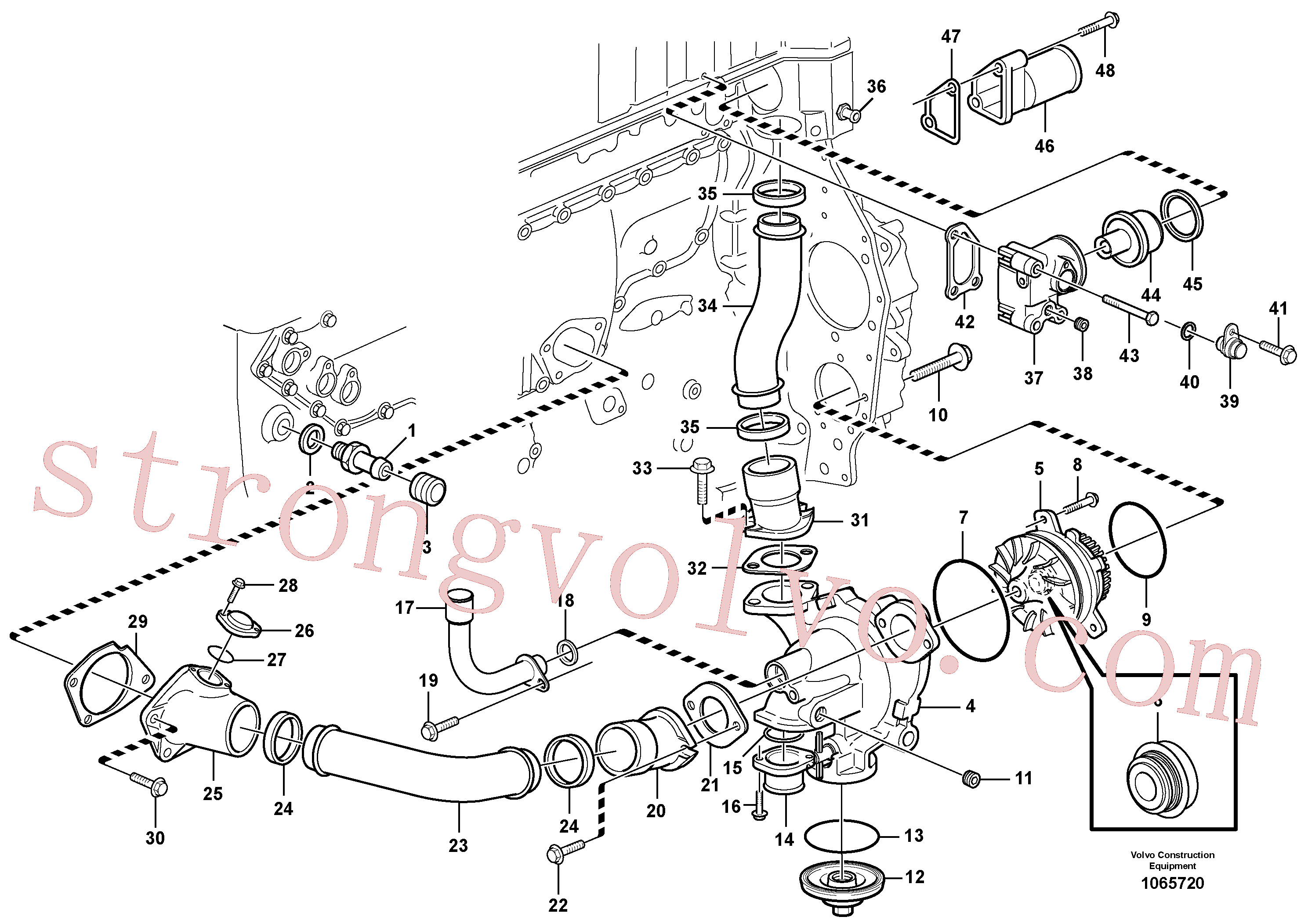 VOE13947790 Volvo Alojamento do termóstato e da bomba de água(1065720 Montagem)