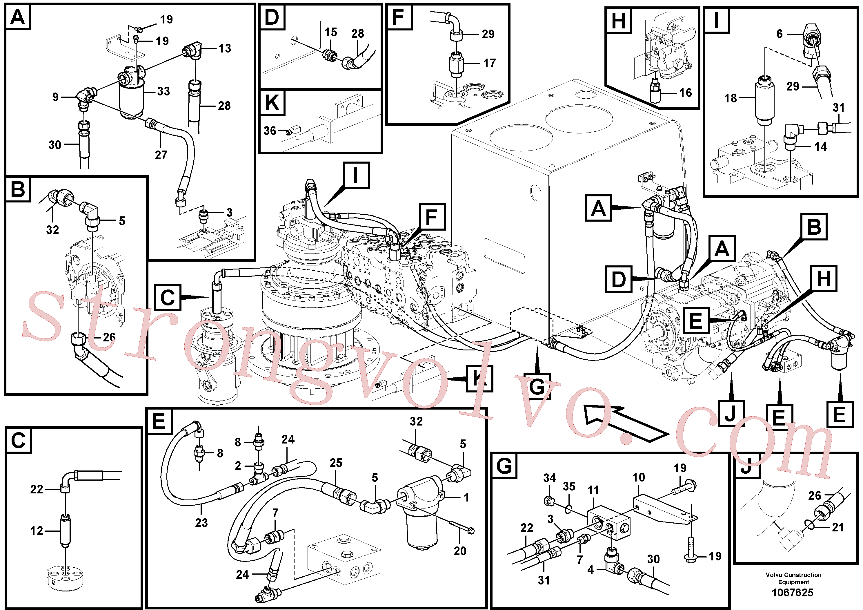 VOE14634539 Volvo Sistema servomotor, suporte do filtro e tubagem da bomba(1067625 Montagem)