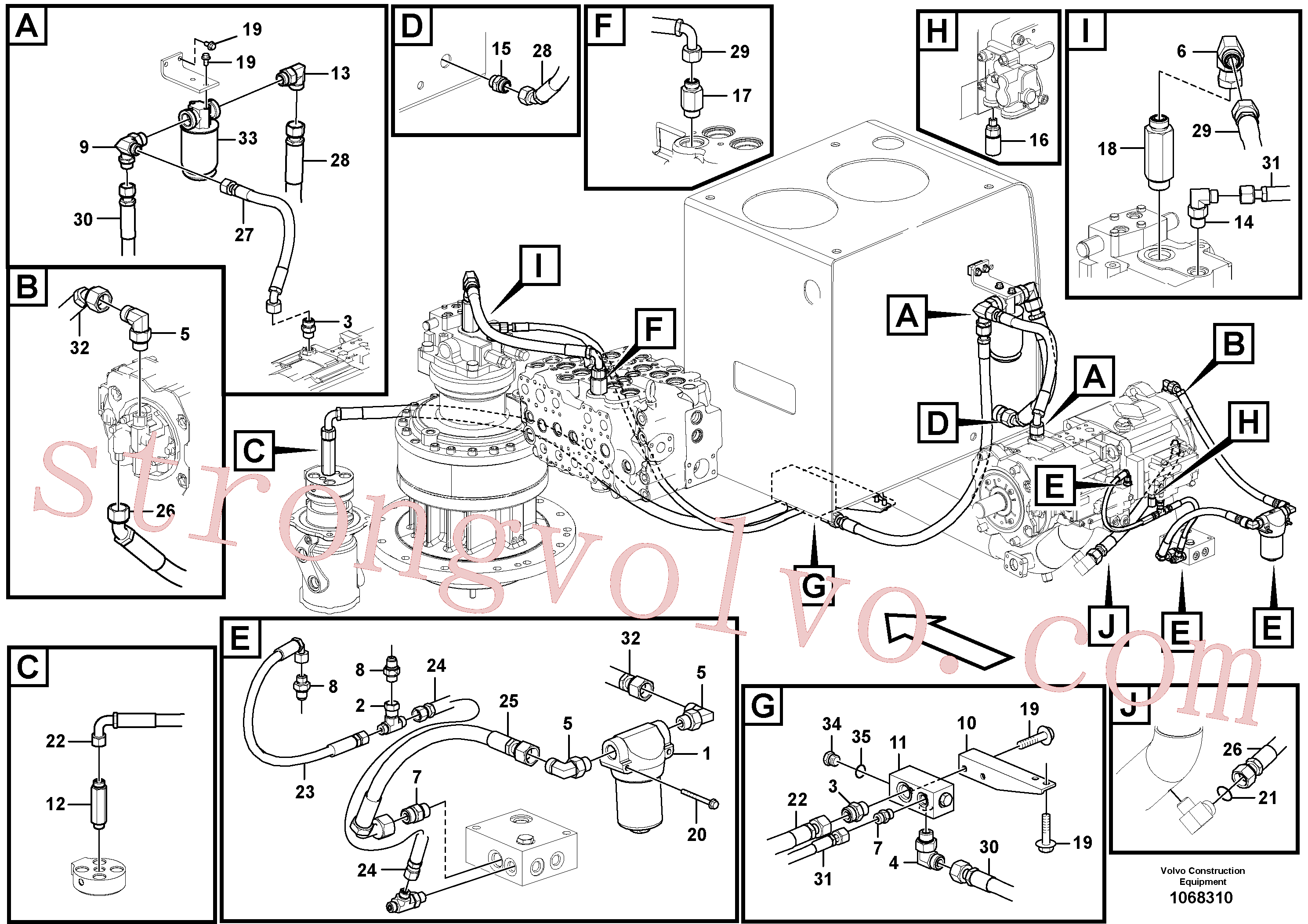 VOE17201809 Volvo Sistema servomotor, suporte do filtro e tubagem da bomba(1068310 Montagem)