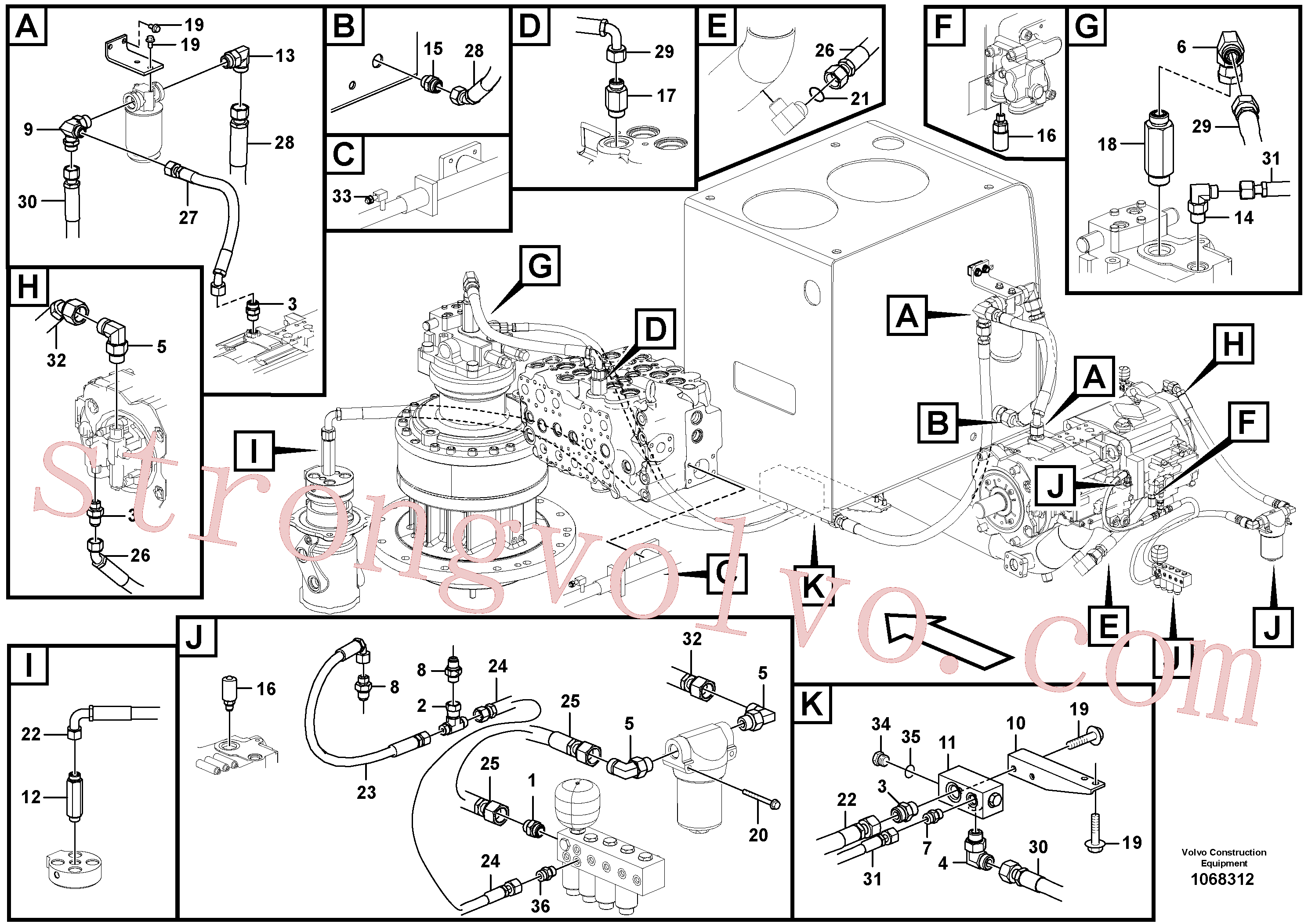 VOE938287 Volvo Sistema servomotor, suporte do filtro e tubagem da bomba(1068312 Montagem)