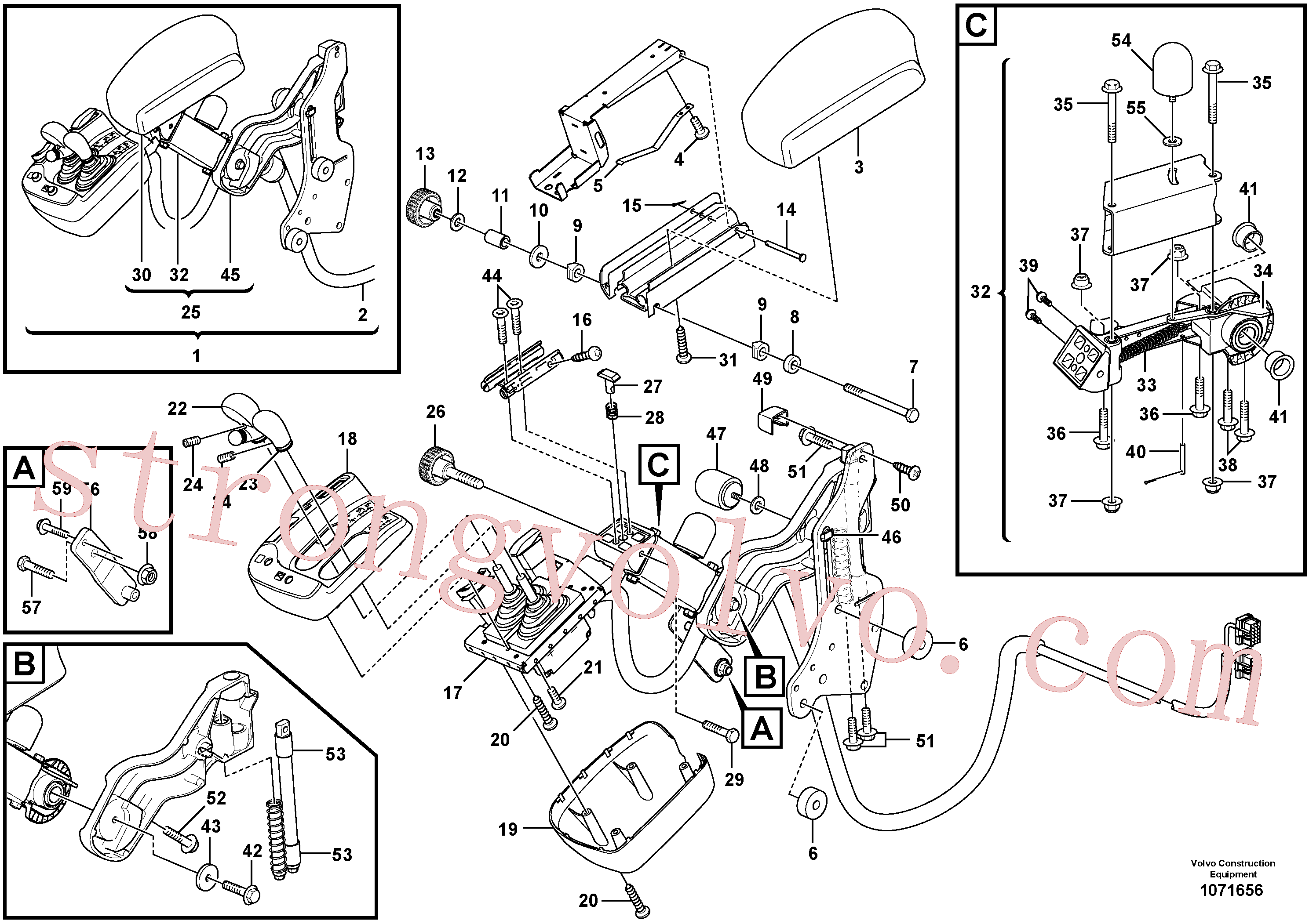 VOE60113090 Volvo Apoio de braço dobrável para sistema servomotor hidráulico/eléctrico de duas alavancas(1071656 Montagem)