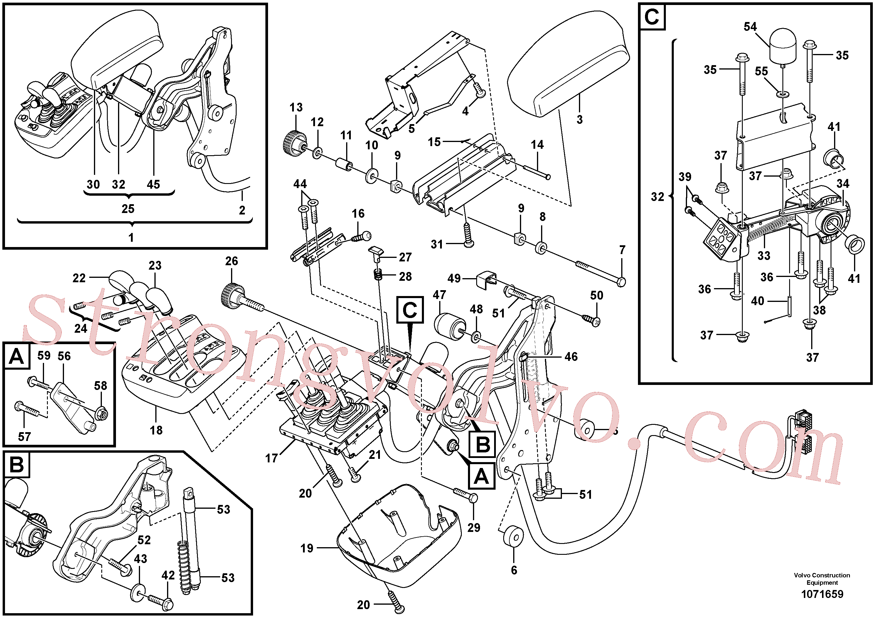 VOE60113297 Volvo Apoio de braço dobrável para sistema servomotor hidráulico/eléctrico de três alavancas(1071659 Montagem)
