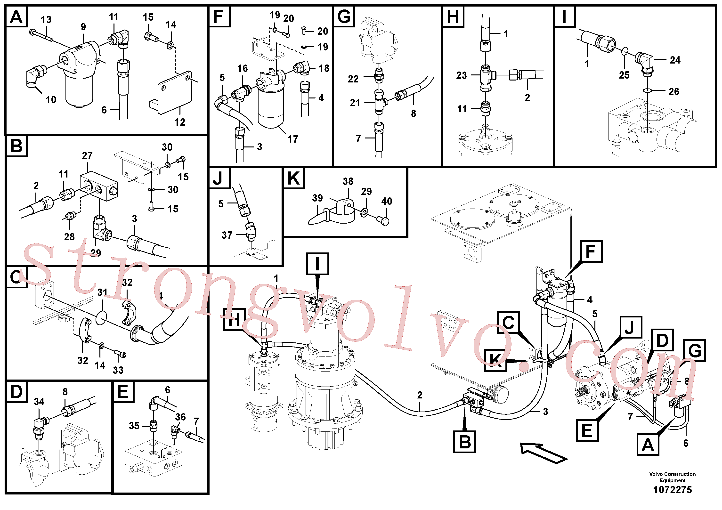 VOE937618 Volvo Sistema servomotor, suporte do filtro e tubagem da bomba(1072275 Montagem)