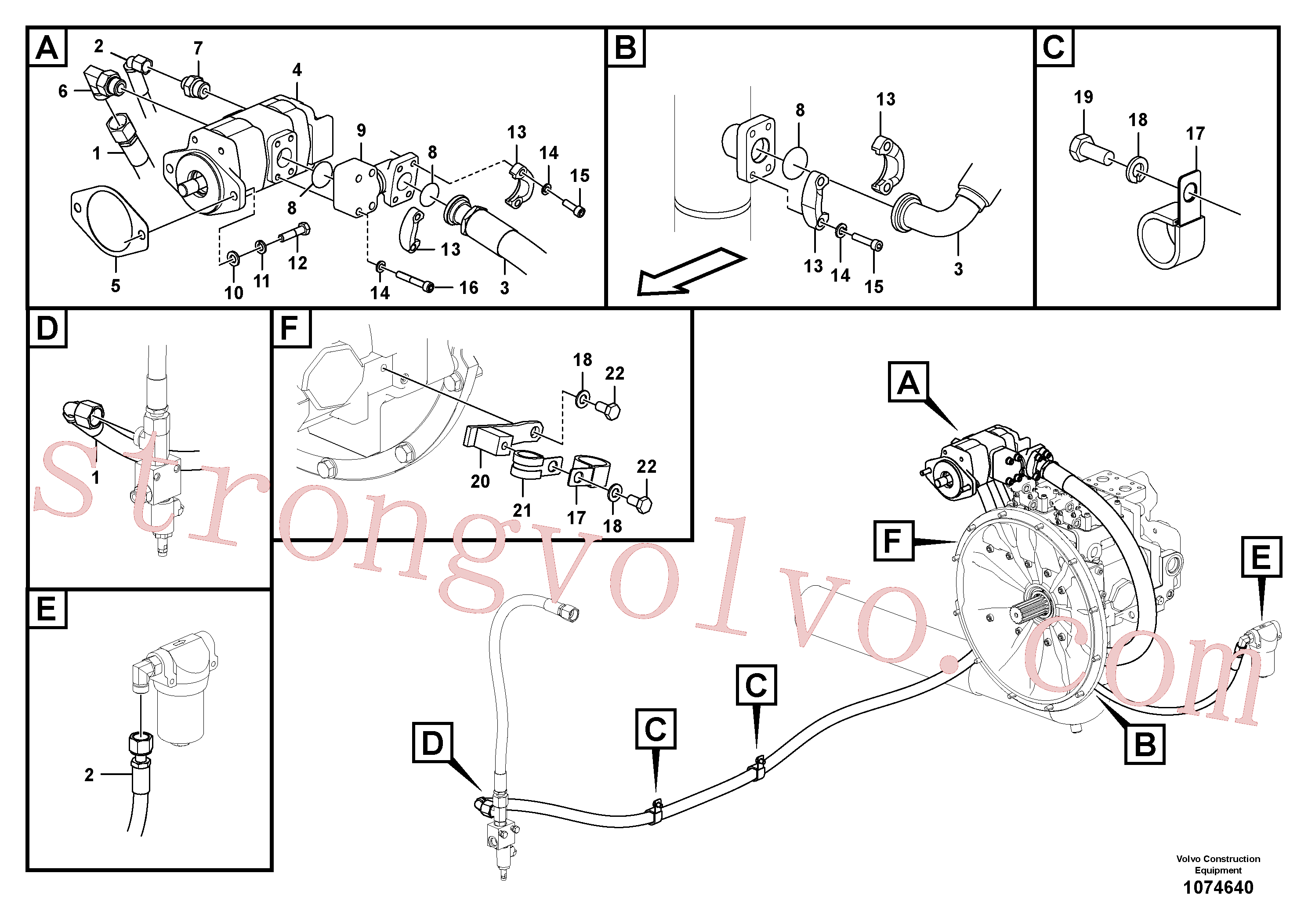 VOE936734 Volvo Sistema servomotor, suporte do filtro e tubagem da bomba(1074640 Montagem)