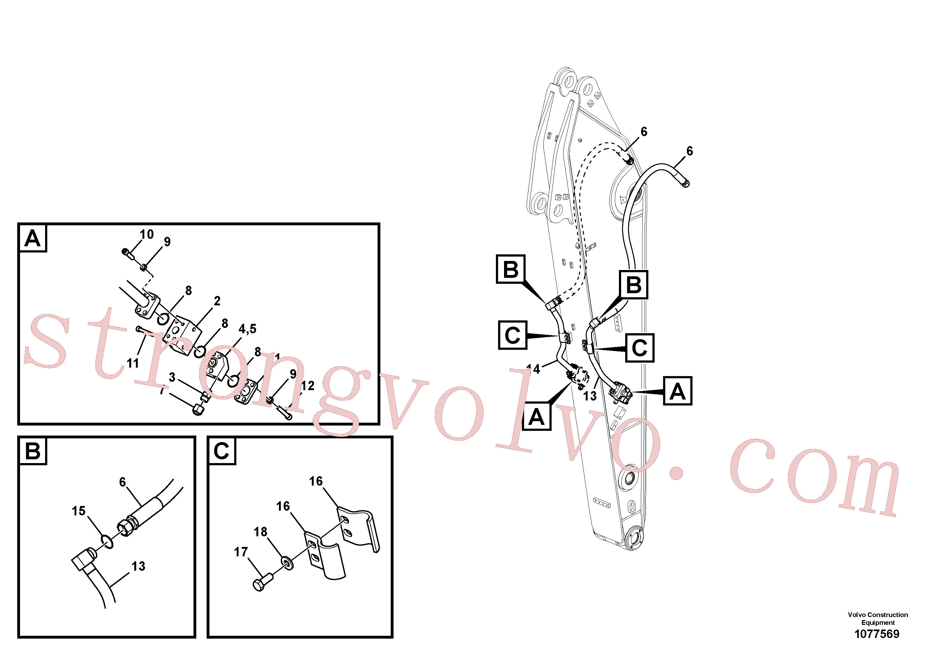 SA9401-16633 Volvo Hidráulica de serviço, martelo e cortador para braço de afundamento(1077569 Montagem)