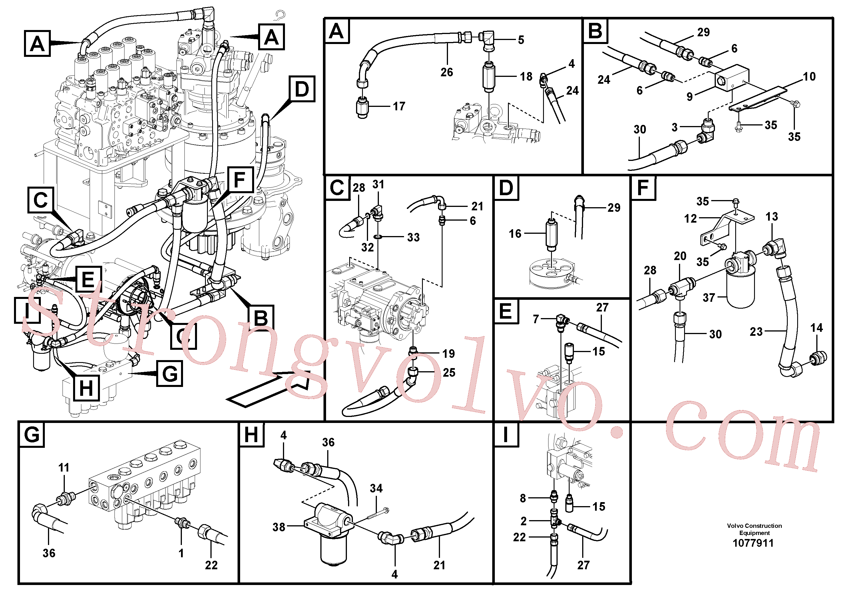 VOE937882 Volvo Sistema servomotor, suporte do filtro e tubagem da bomba(1077911 Montagem)