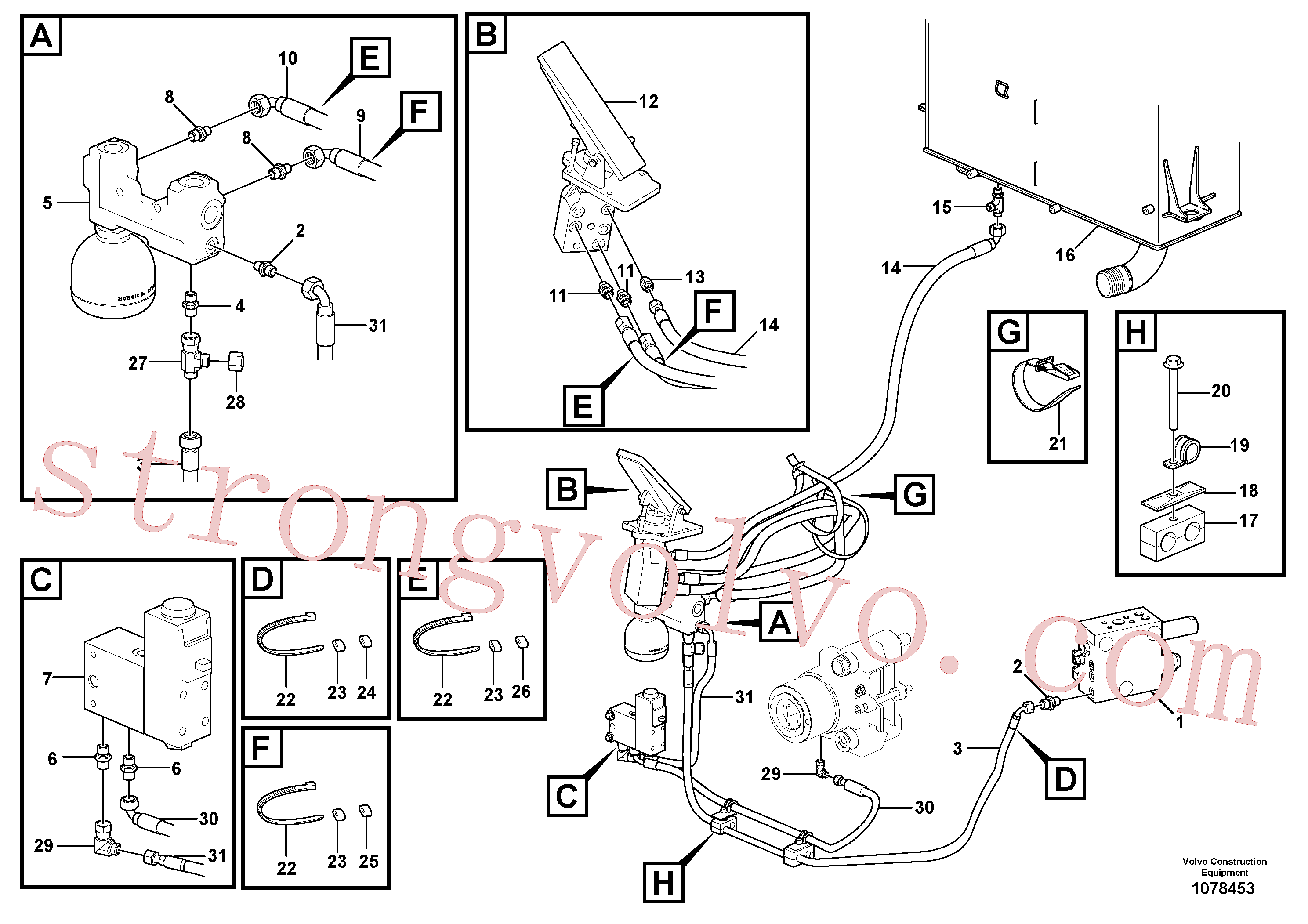 VOE936510 Volvo Linha do travão, corpo da válvula - acumuladores - acumulador - válvula do travão do pé(1078453 Montagem)