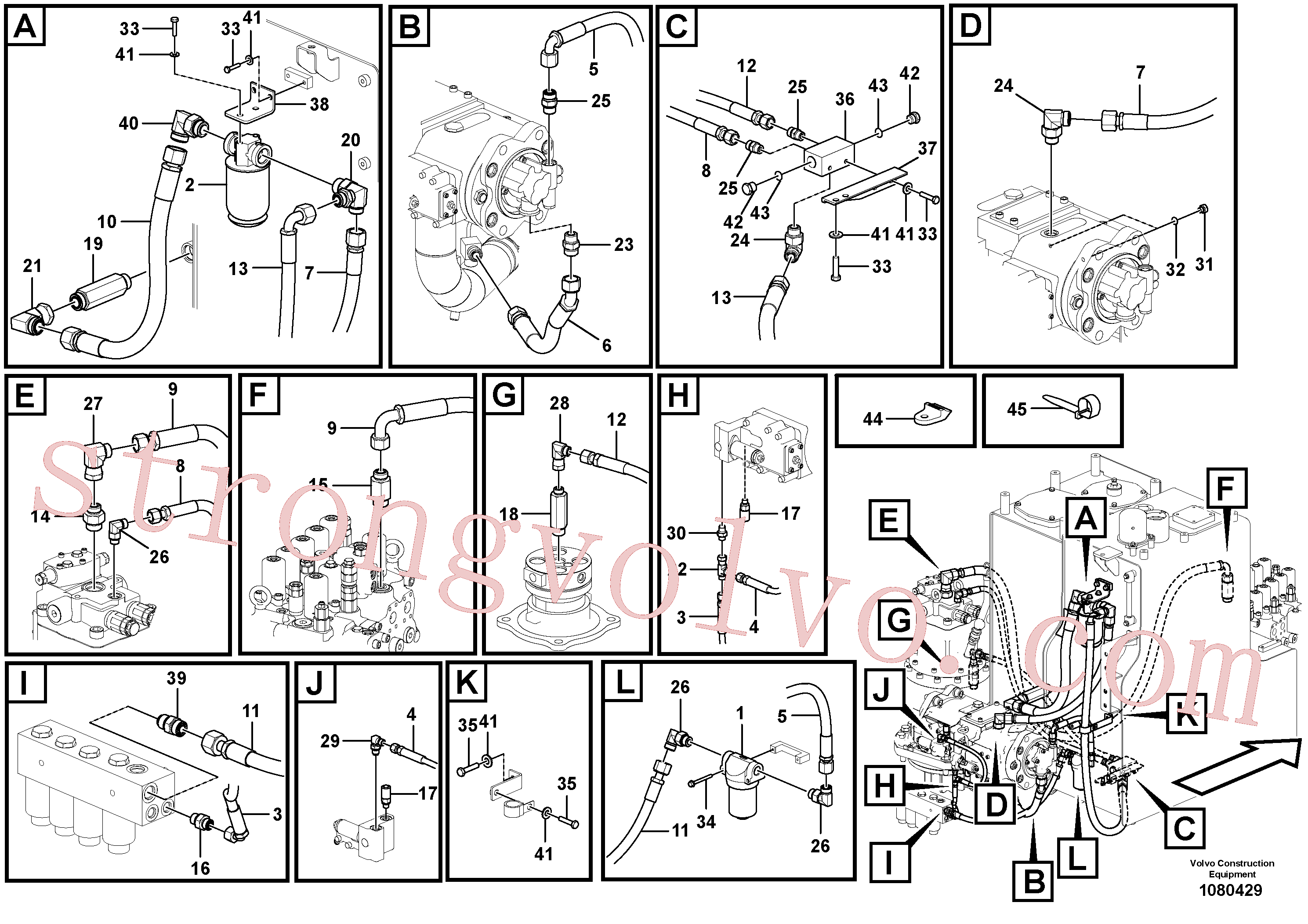 VOE15015597 Volvo Sistema servomotor, suporte do filtro e tubagem da bomba(1080429 Montagem)
