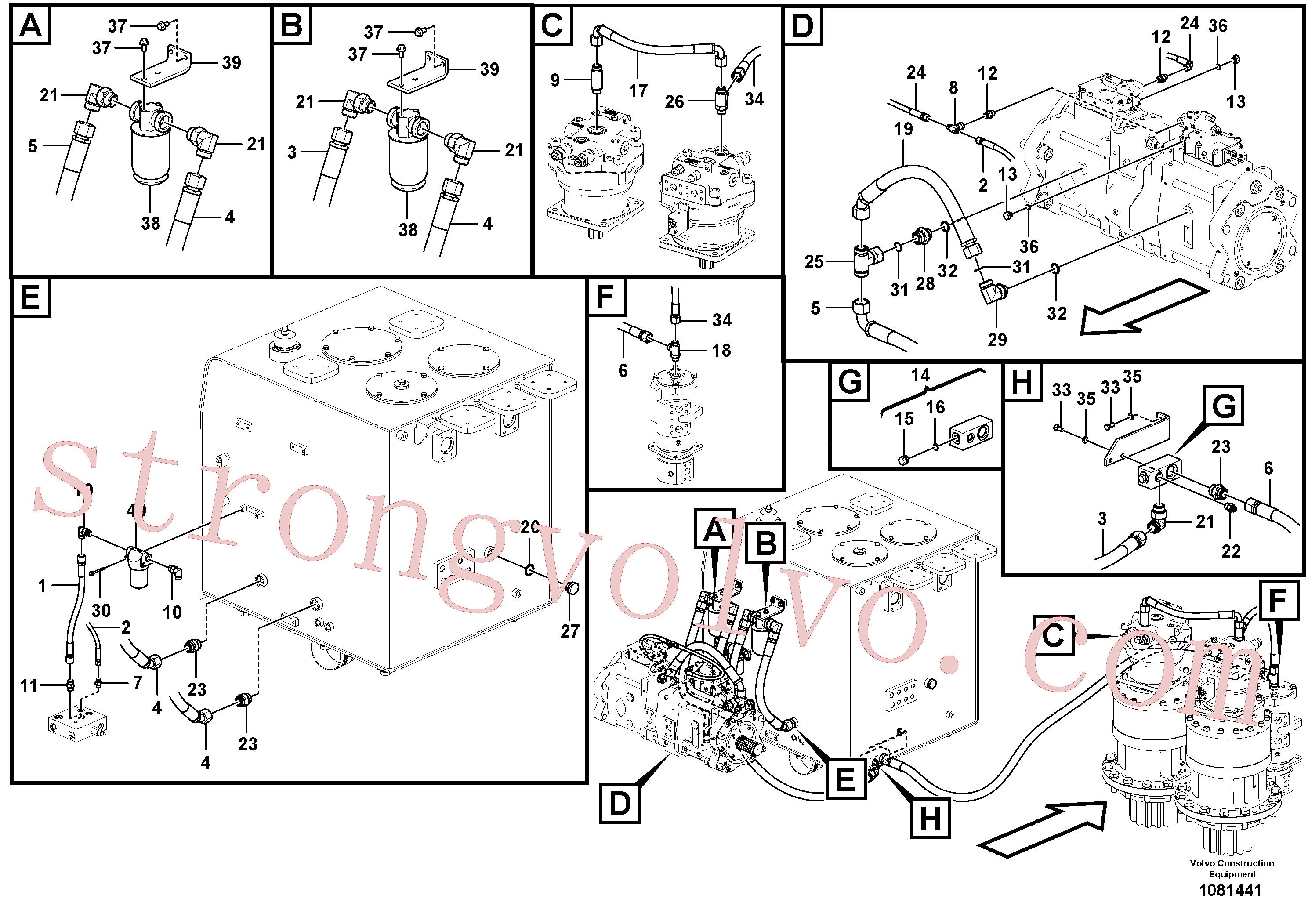 VOE15015597 Volvo Sistema servomotor, suporte do filtro e tubagem da bomba(1081441 Montagem)