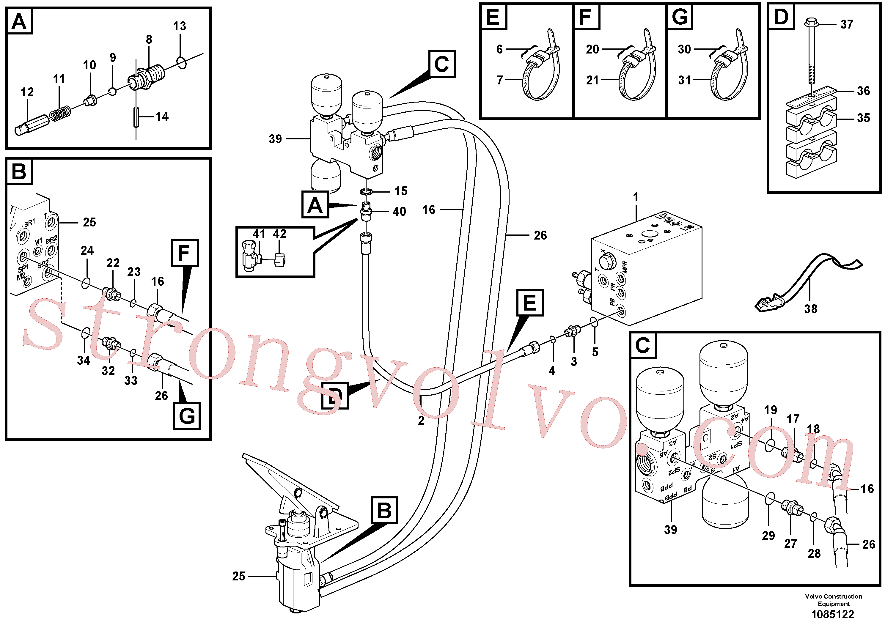 VOE938216 Volvo Linha do travão, corpo da válvula - acumuladores - acumulador - válvula do travão do pé(1085122 Montagem)