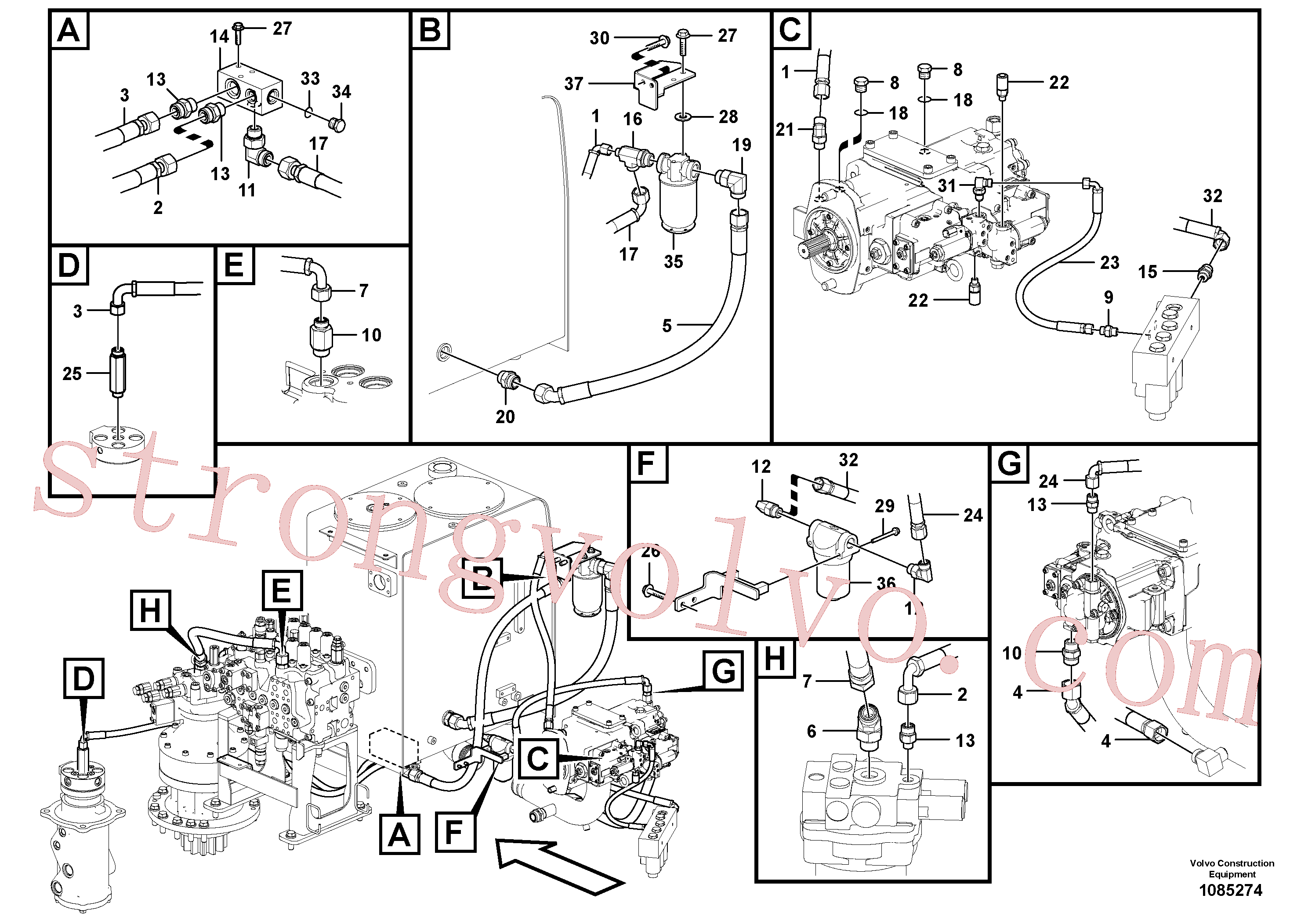 VOE938285 Volvo Sistema servomotor, suporte do filtro e tubagem da bomba(1085274 Montagem)