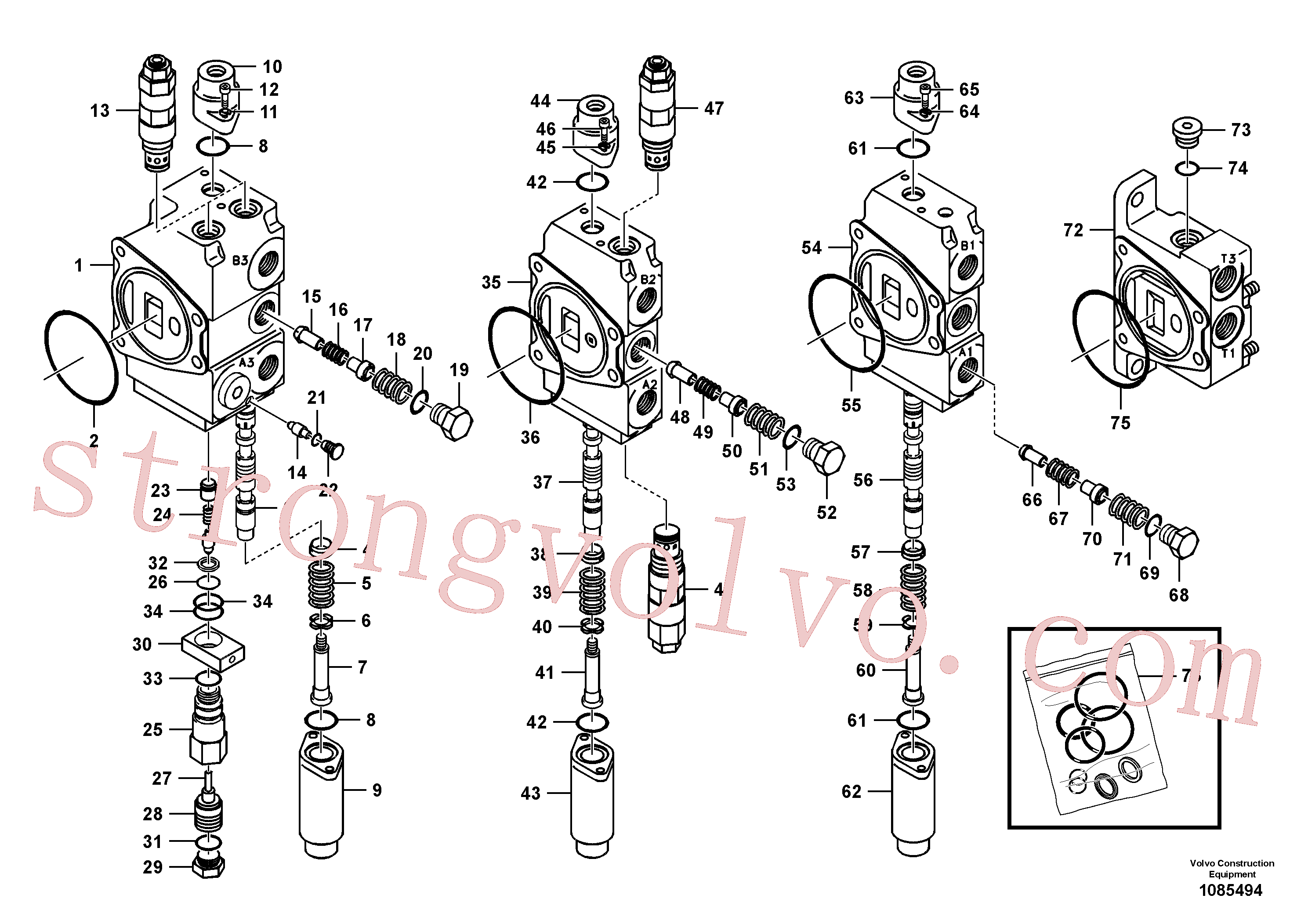 SA7253-03211 Volvo Válvula de controlo principal, lança 1 e balde e braço de afundamento 2 e saída., Válvula mestra de comando(1085494 Montagem)